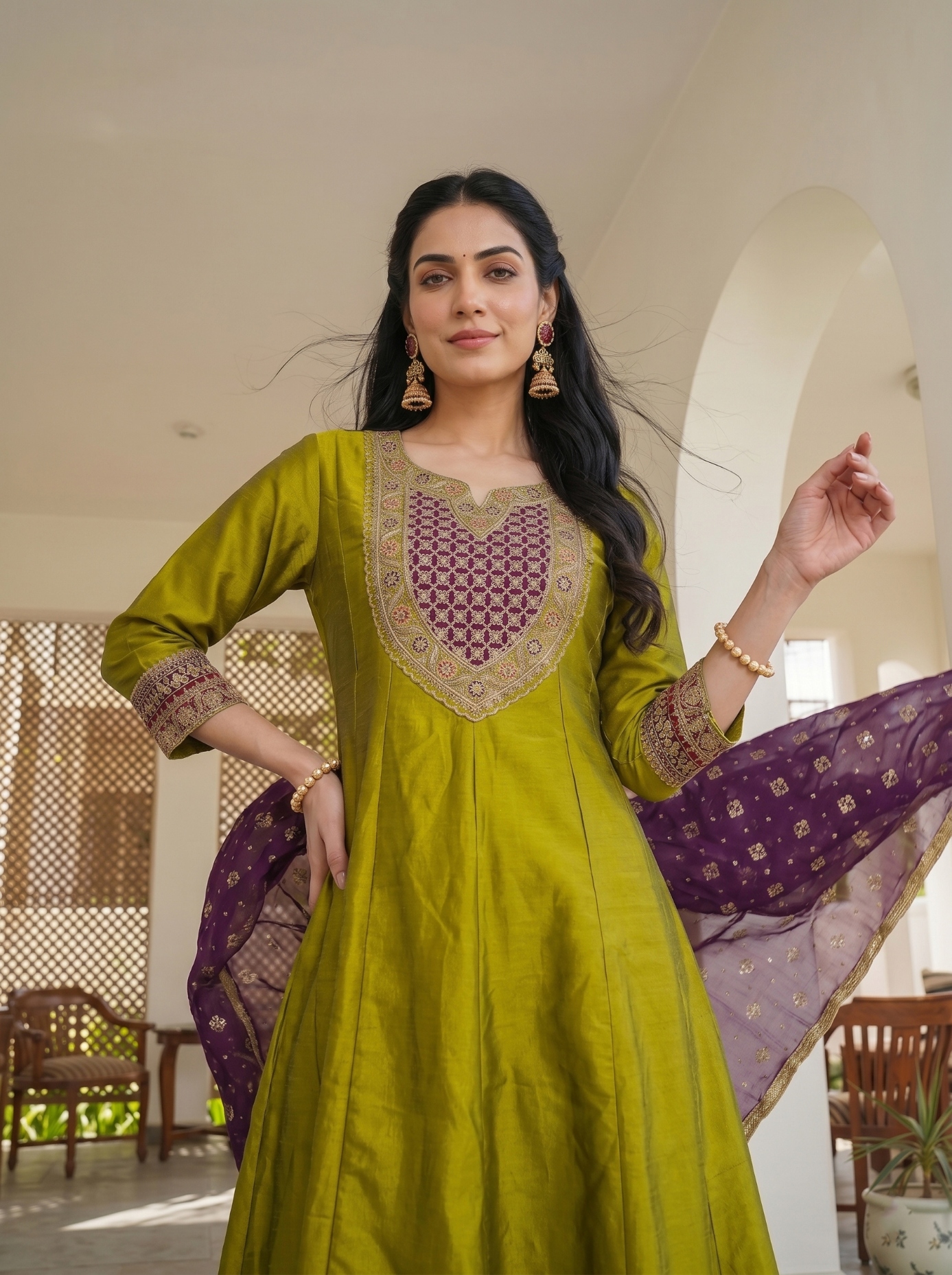 Olive Floral Thread Vichitra Silk Straight Suit