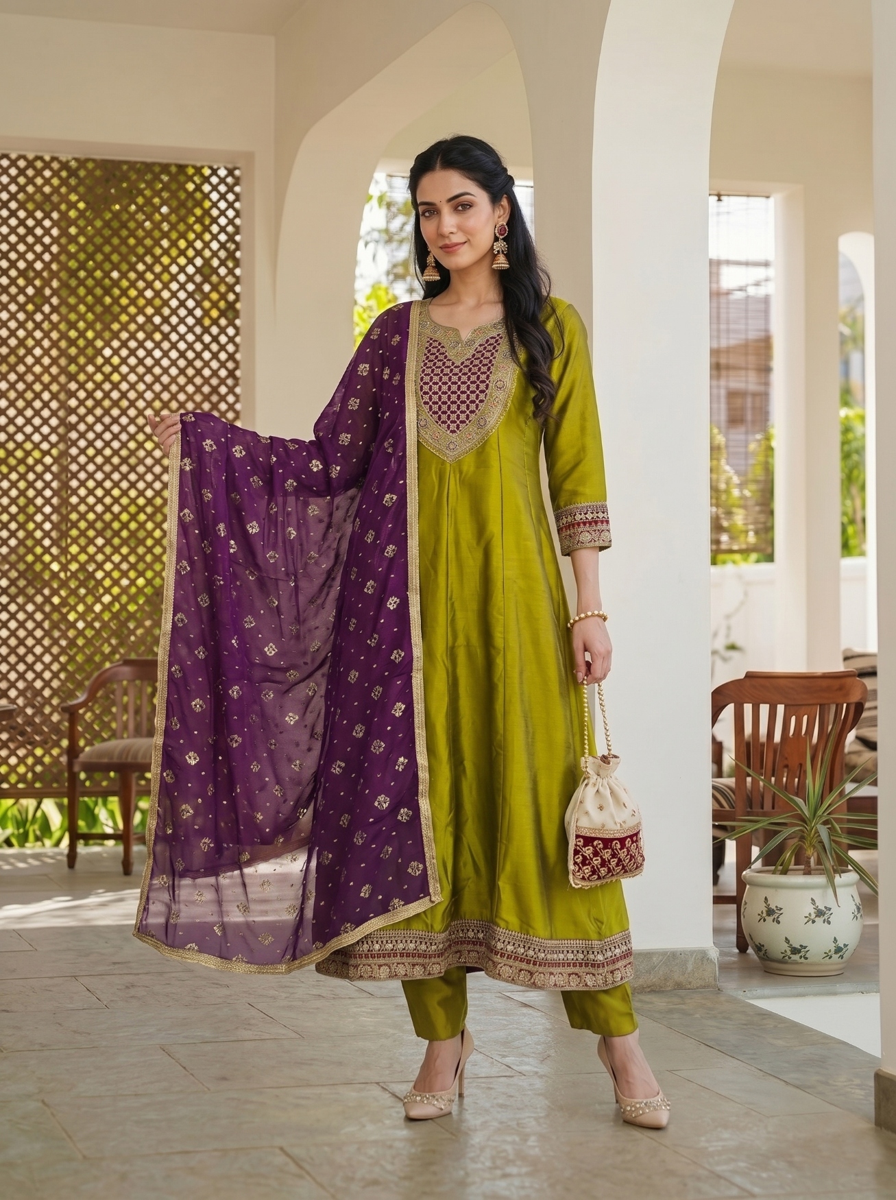 Olive Floral Thread Vichitra Silk Straight Suit