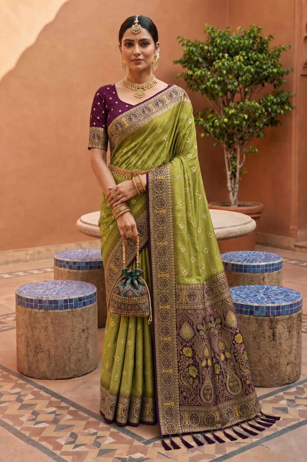 Olive Floral Zari Soft Silk Saree