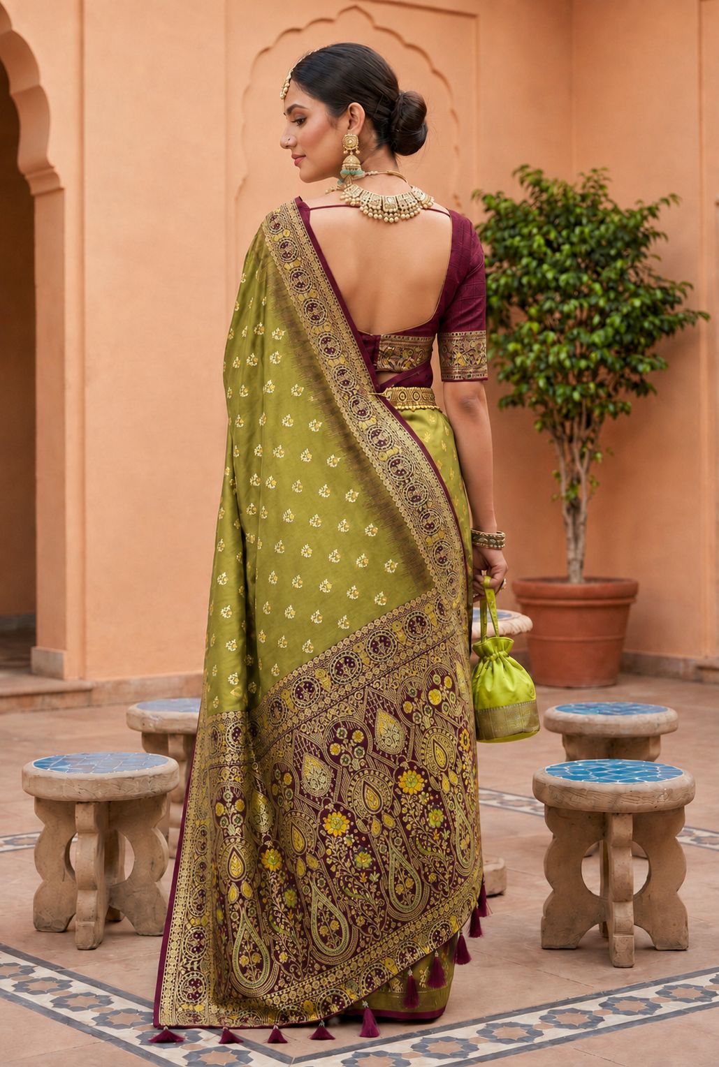 Olive Floral Zari Soft Silk Saree — alternate view