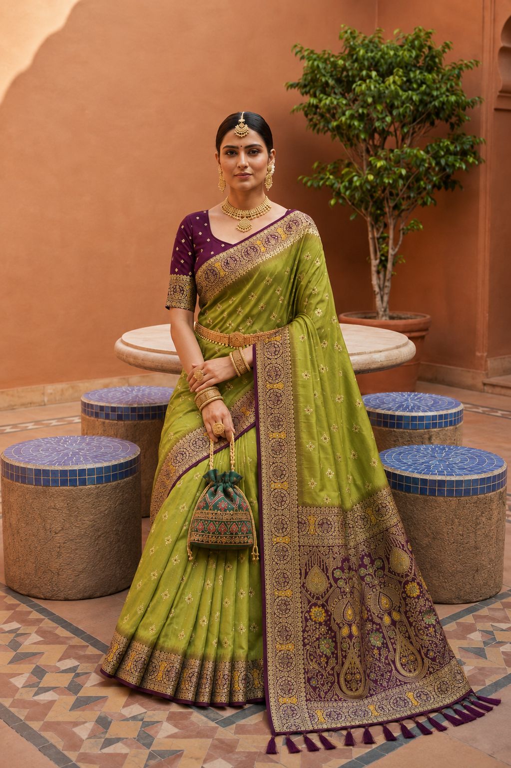 Olive Floral Zari Soft Silk Saree