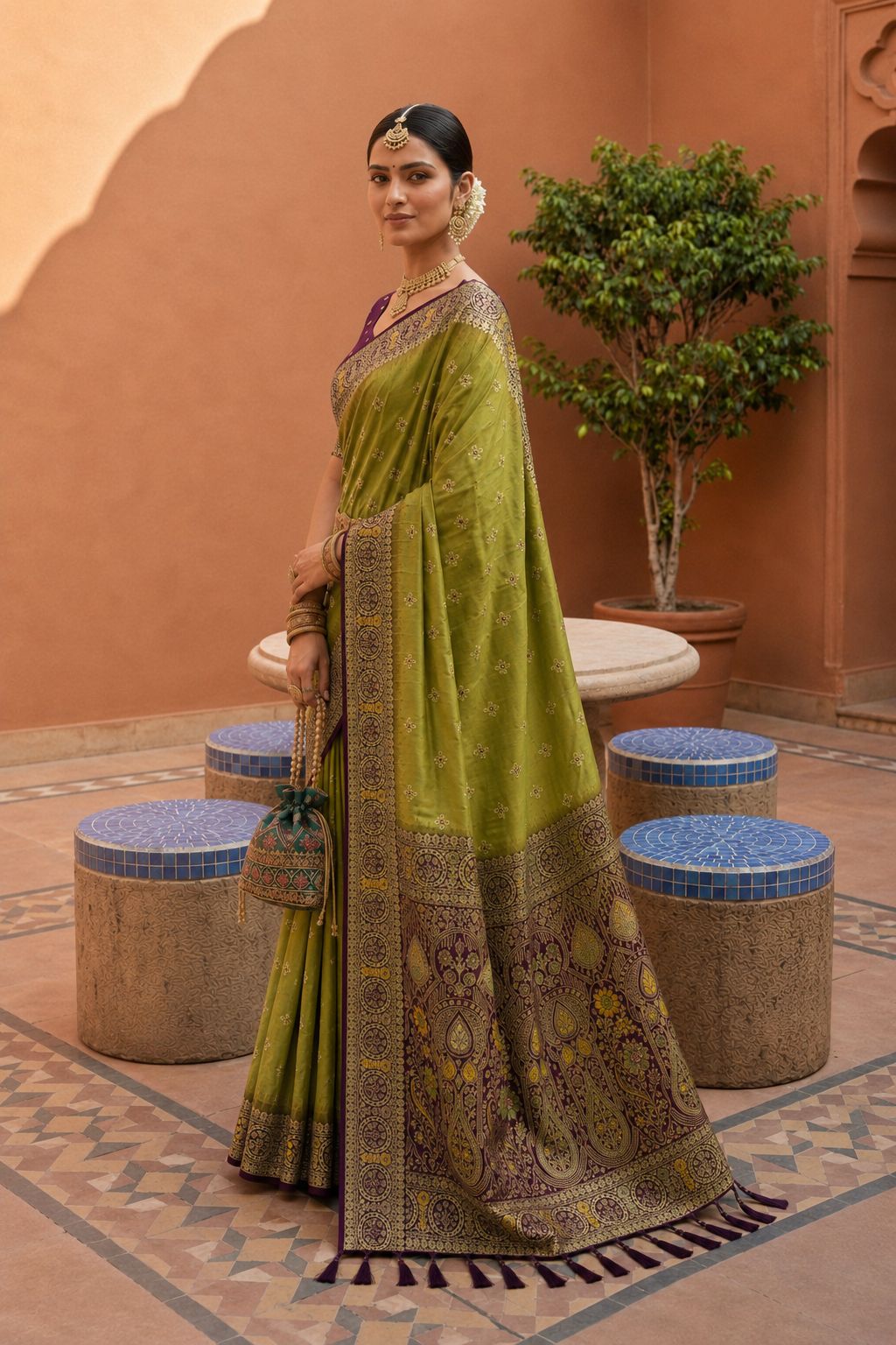 Olive Floral Zari Soft Silk Saree
