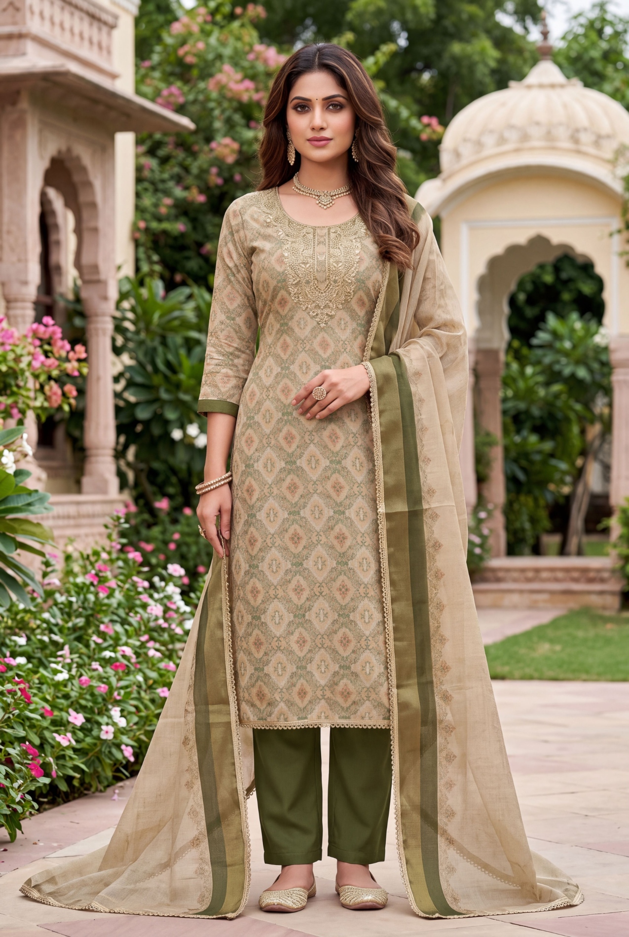 Olive Geometric Hand Work Shimmer Lilen Straight Suit