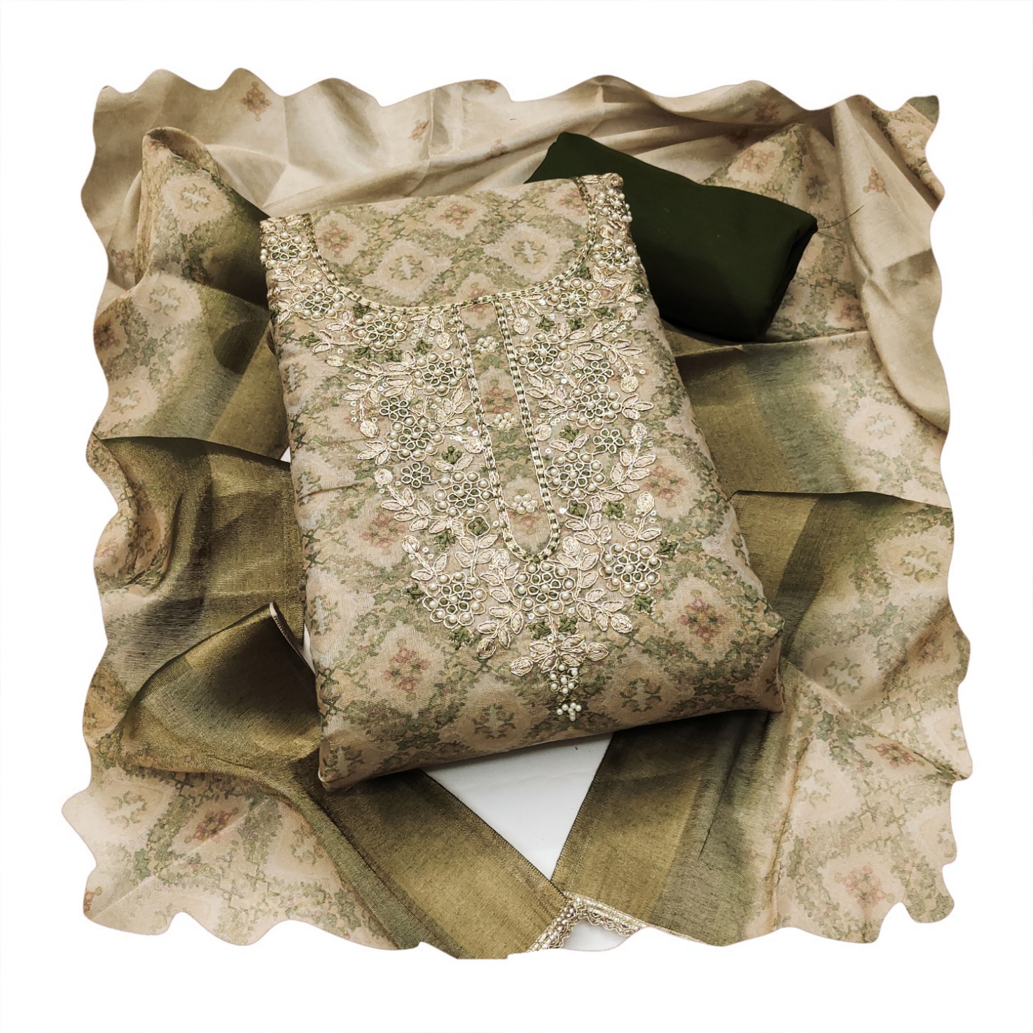 Olive Geometric Hand Work Shimmer Lilen Straight Suit — alternate view