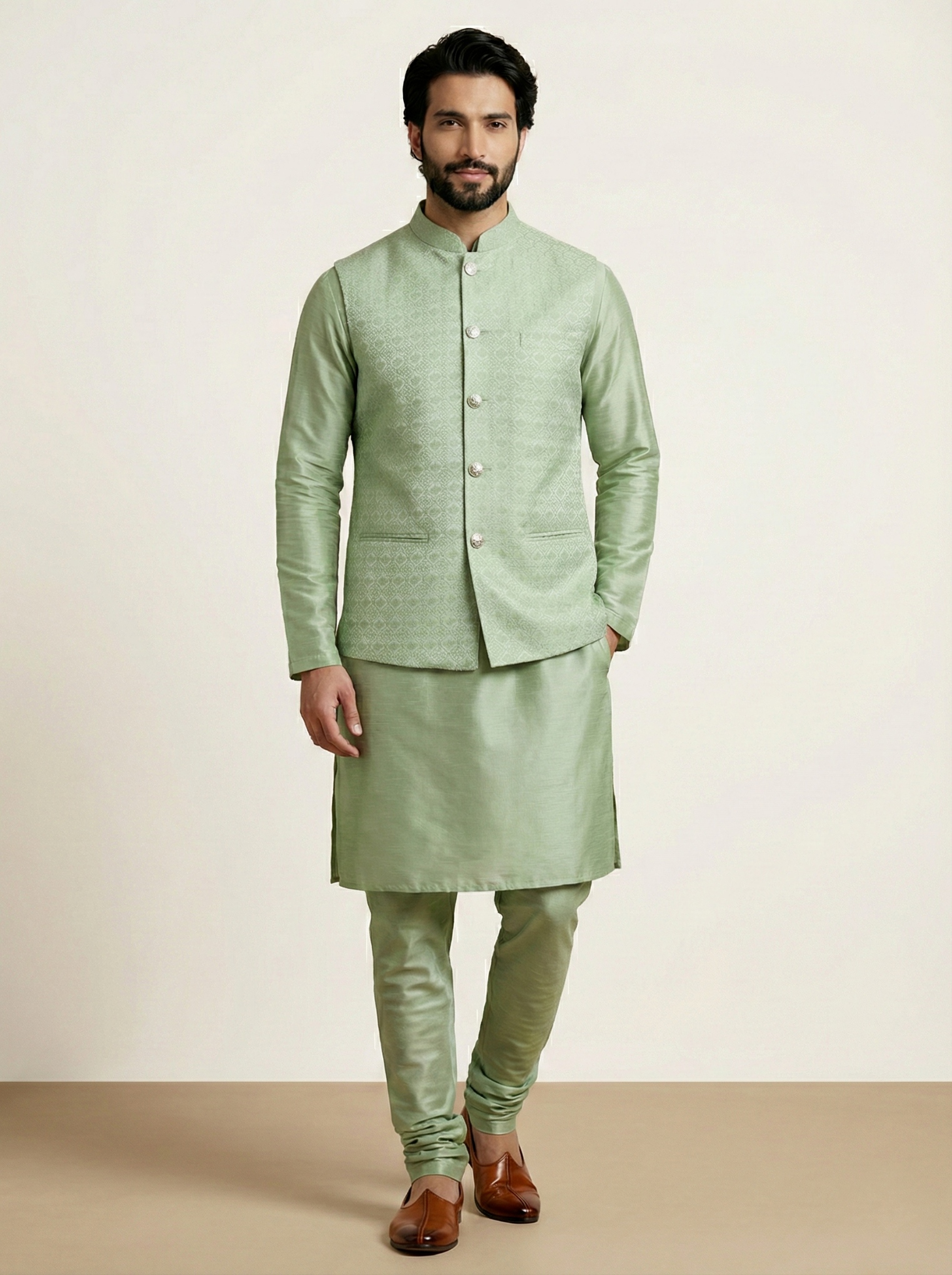Olive Geometric Jacquard Silk Bandi Kurta Pyjama