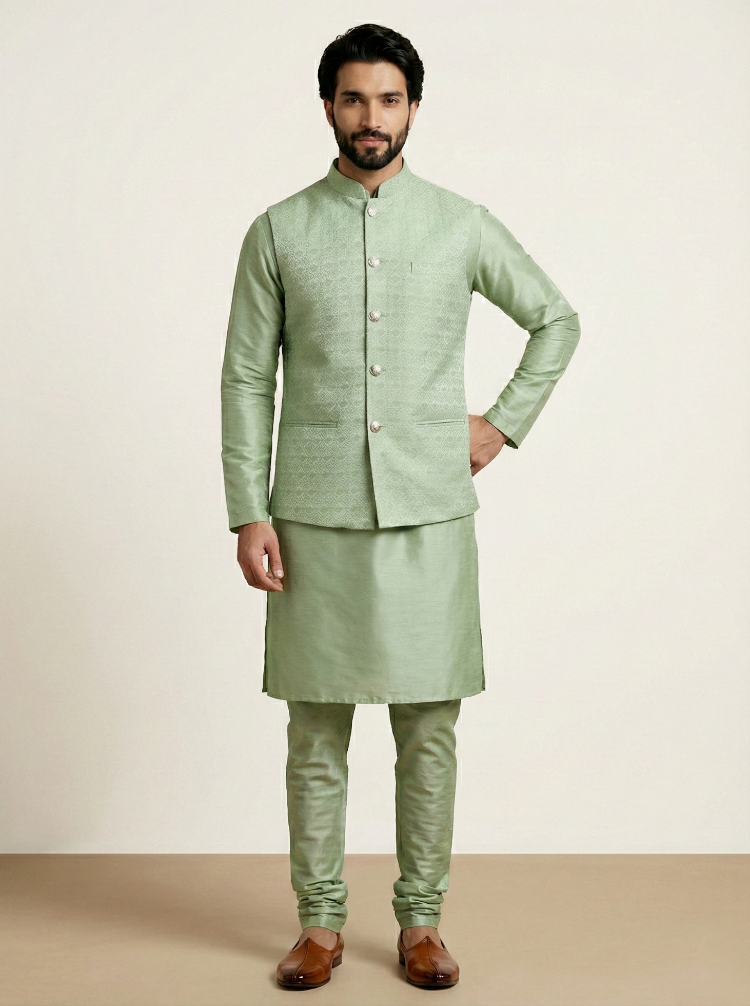 Olive Geometric Jacquard Silk Bandi Kurta Pyjama — alternate view