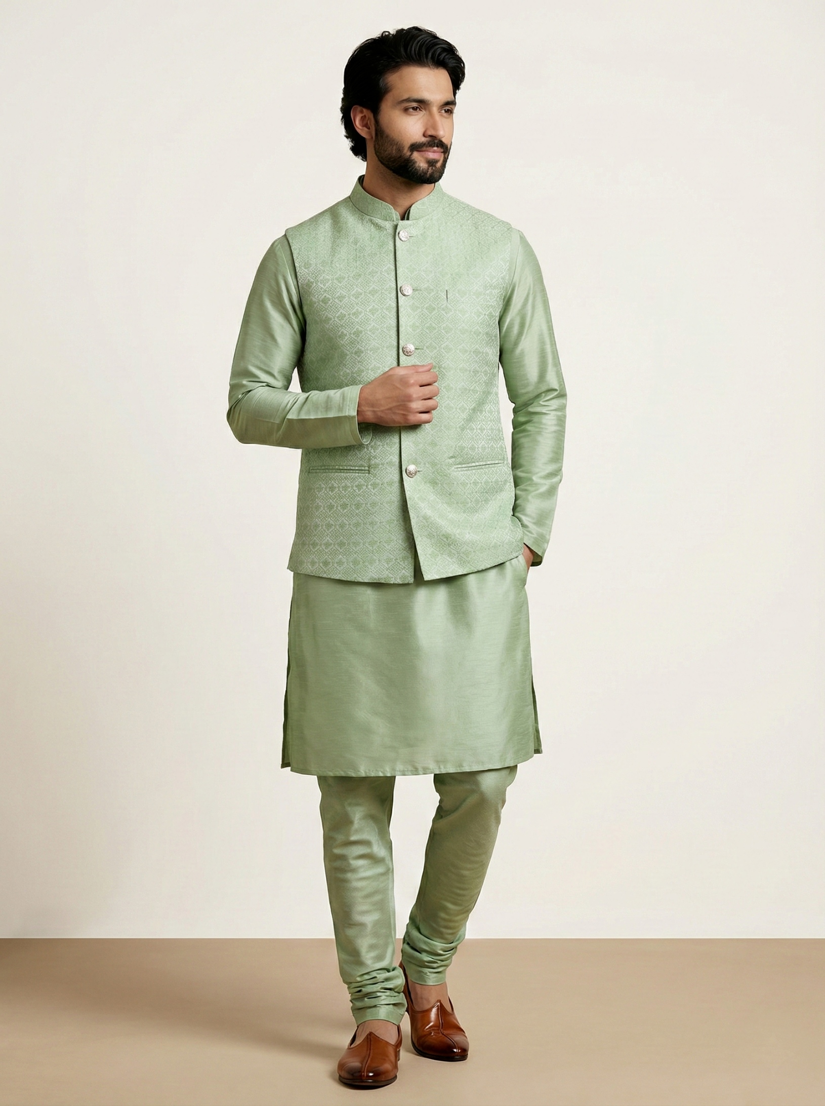 Olive Geometric Jacquard Silk Bandi Kurta Pyjama