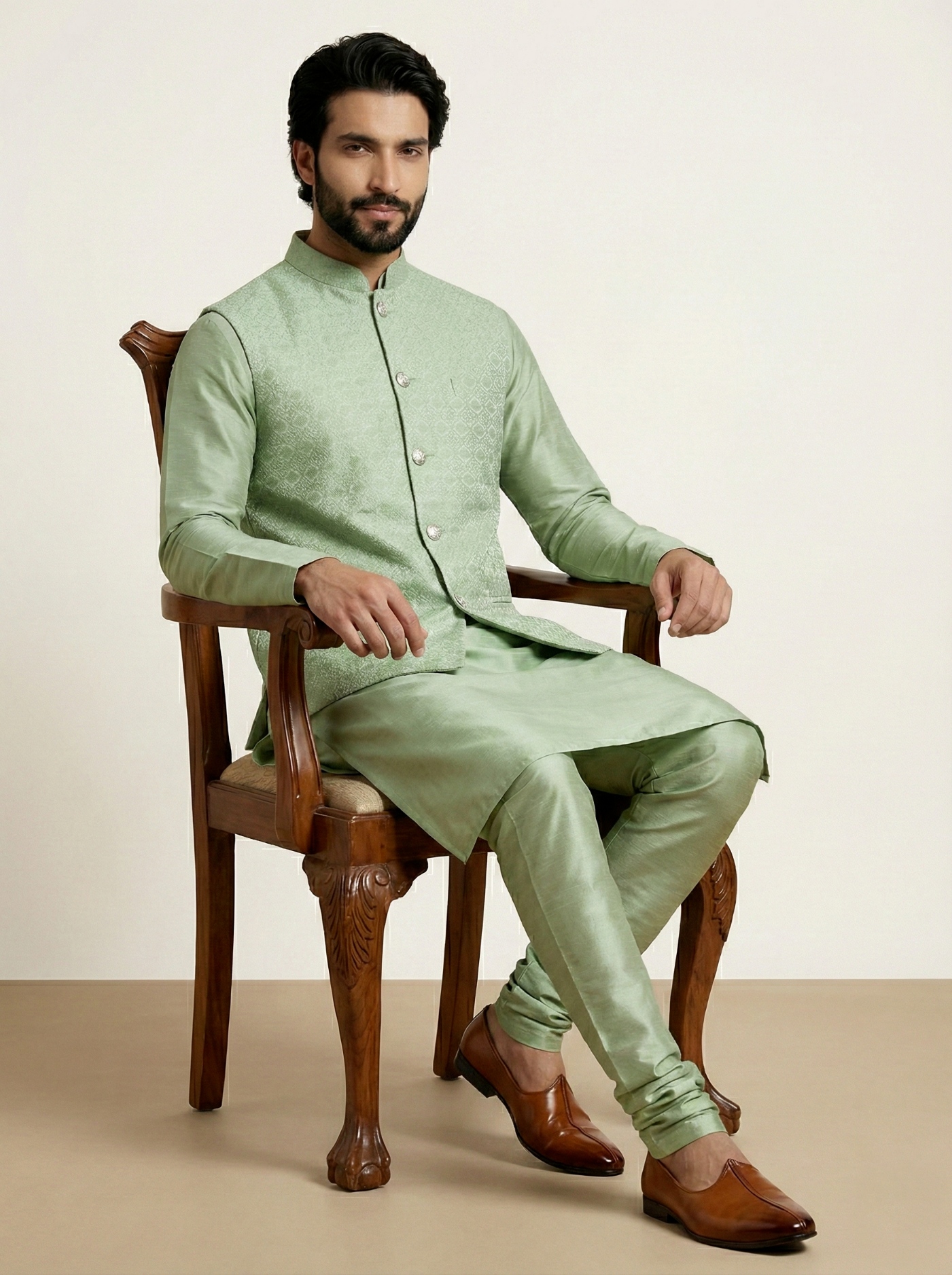 Olive Geometric Jacquard Silk Bandi Kurta Pyjama