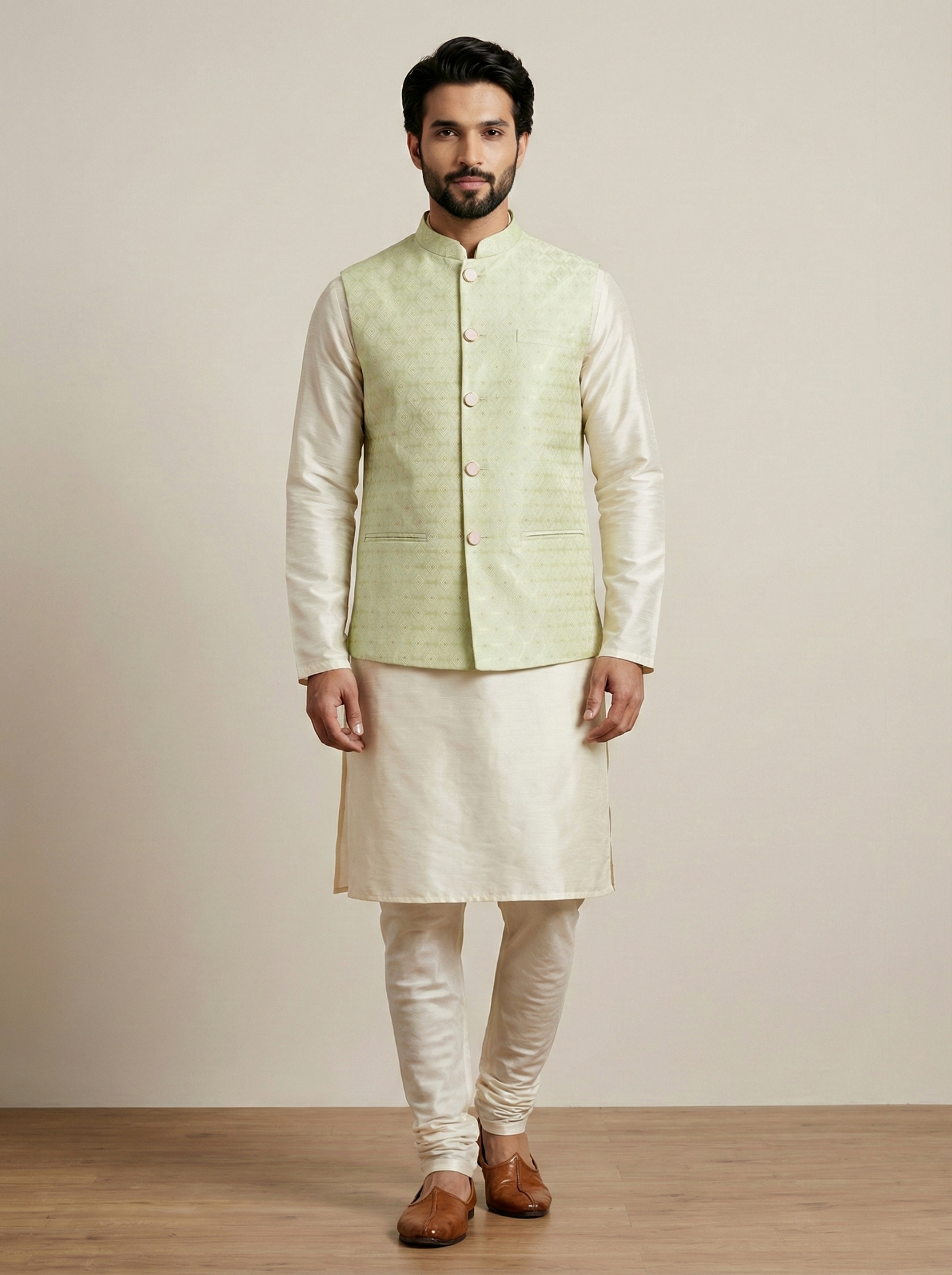 Olive Geometric Jacquard Silk Cream Bandi Kurta Pyjama