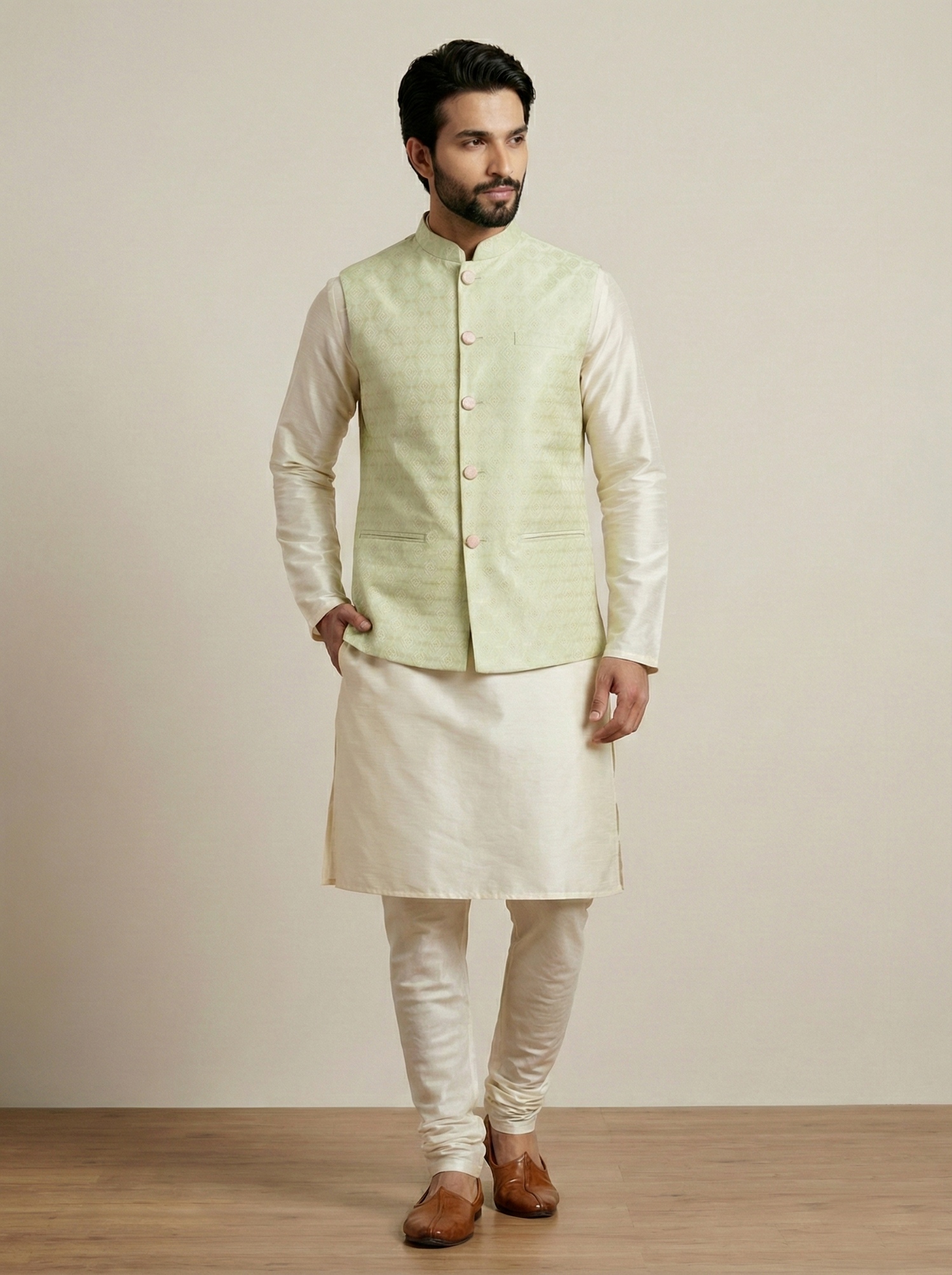 Olive Geometric Jacquard Silk Cream Bandi Kurta Pyjama — alternate view