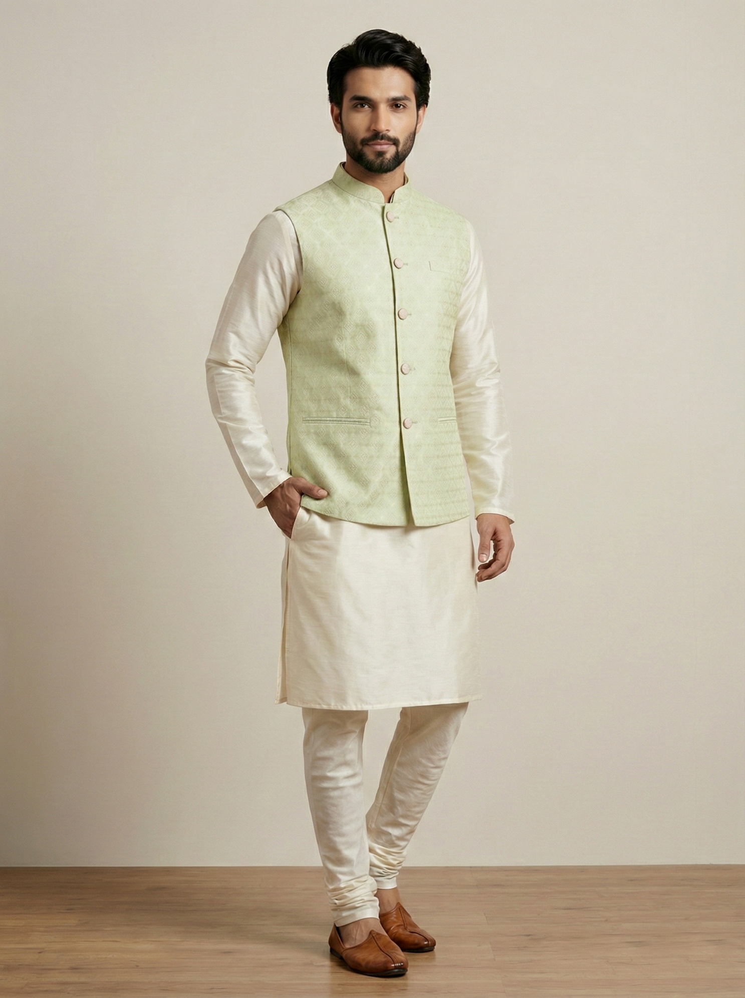 Olive Geometric Jacquard Silk Cream Bandi Kurta Pyjama