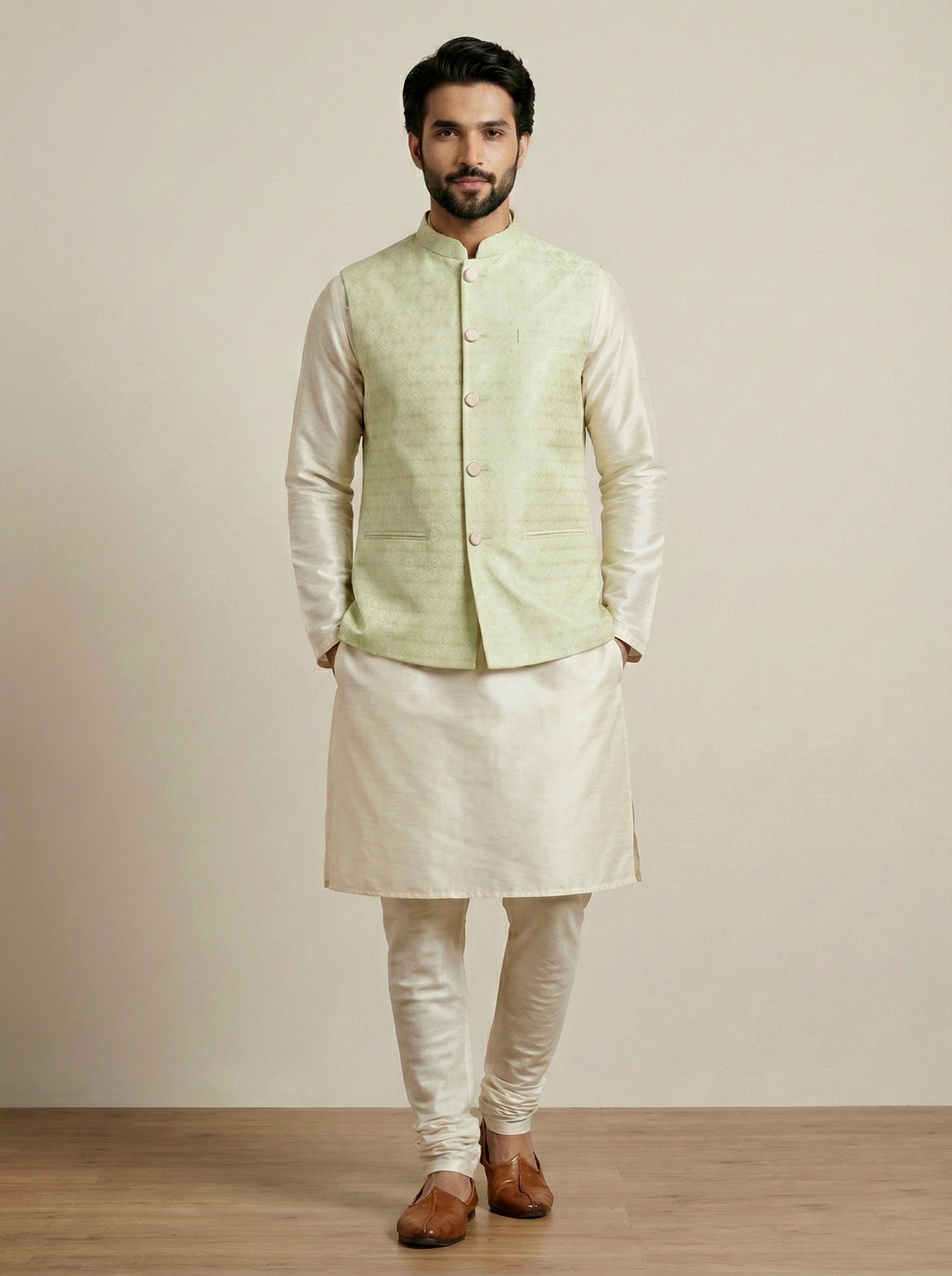 Olive Geometric Jacquard Silk Cream Bandi Kurta Pyjama