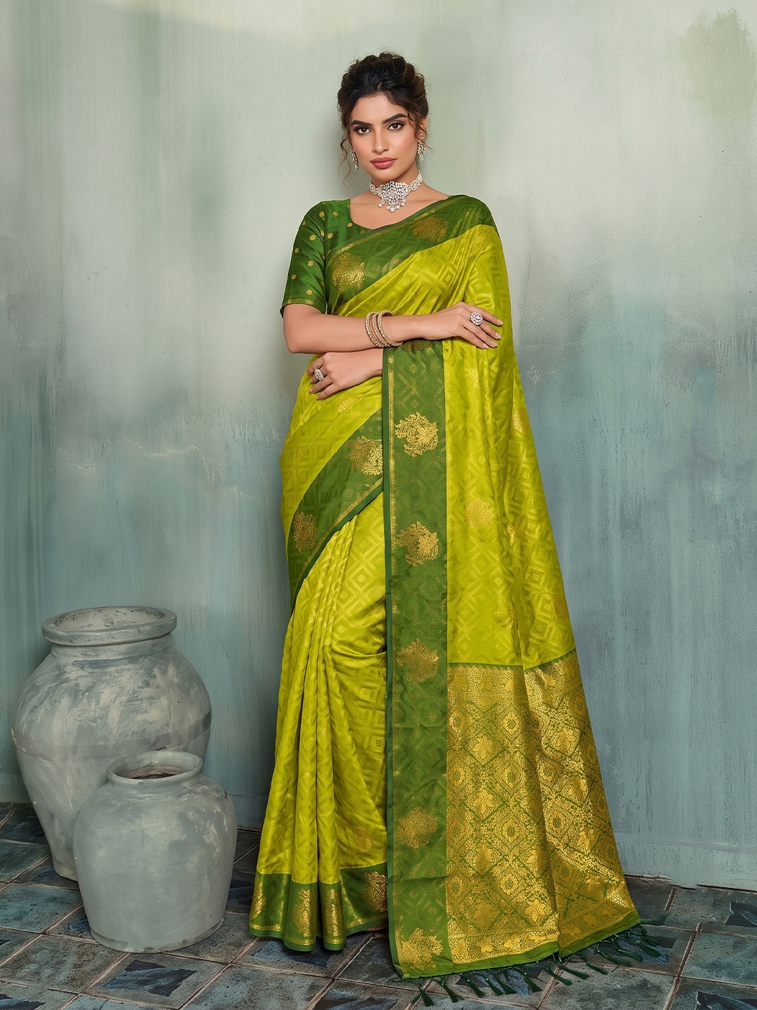 Olive Geometric Woven Designer Silk Saree