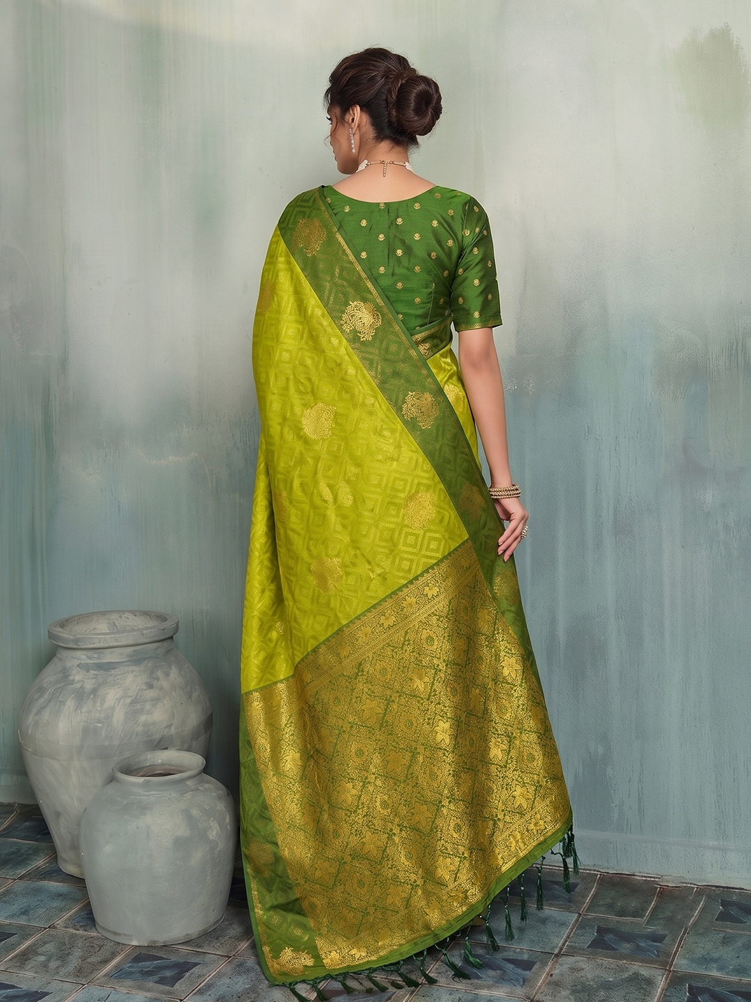 Olive Geometric Woven Designer Silk Saree — alternate view