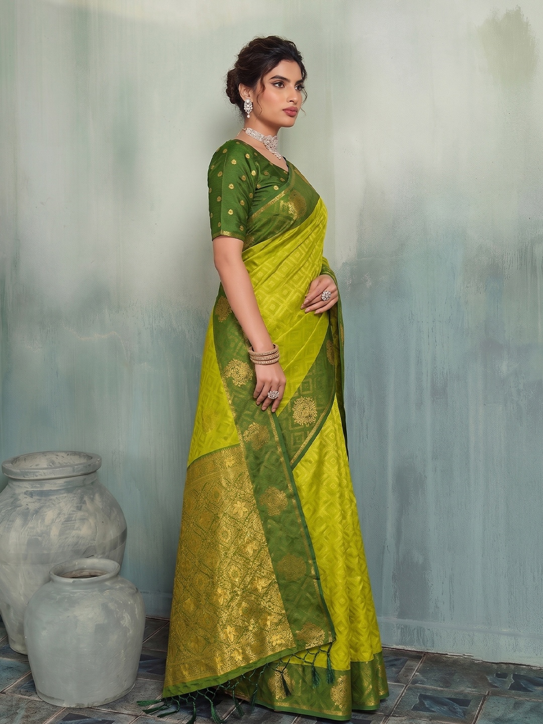 Olive Geometric Woven Designer Silk Saree