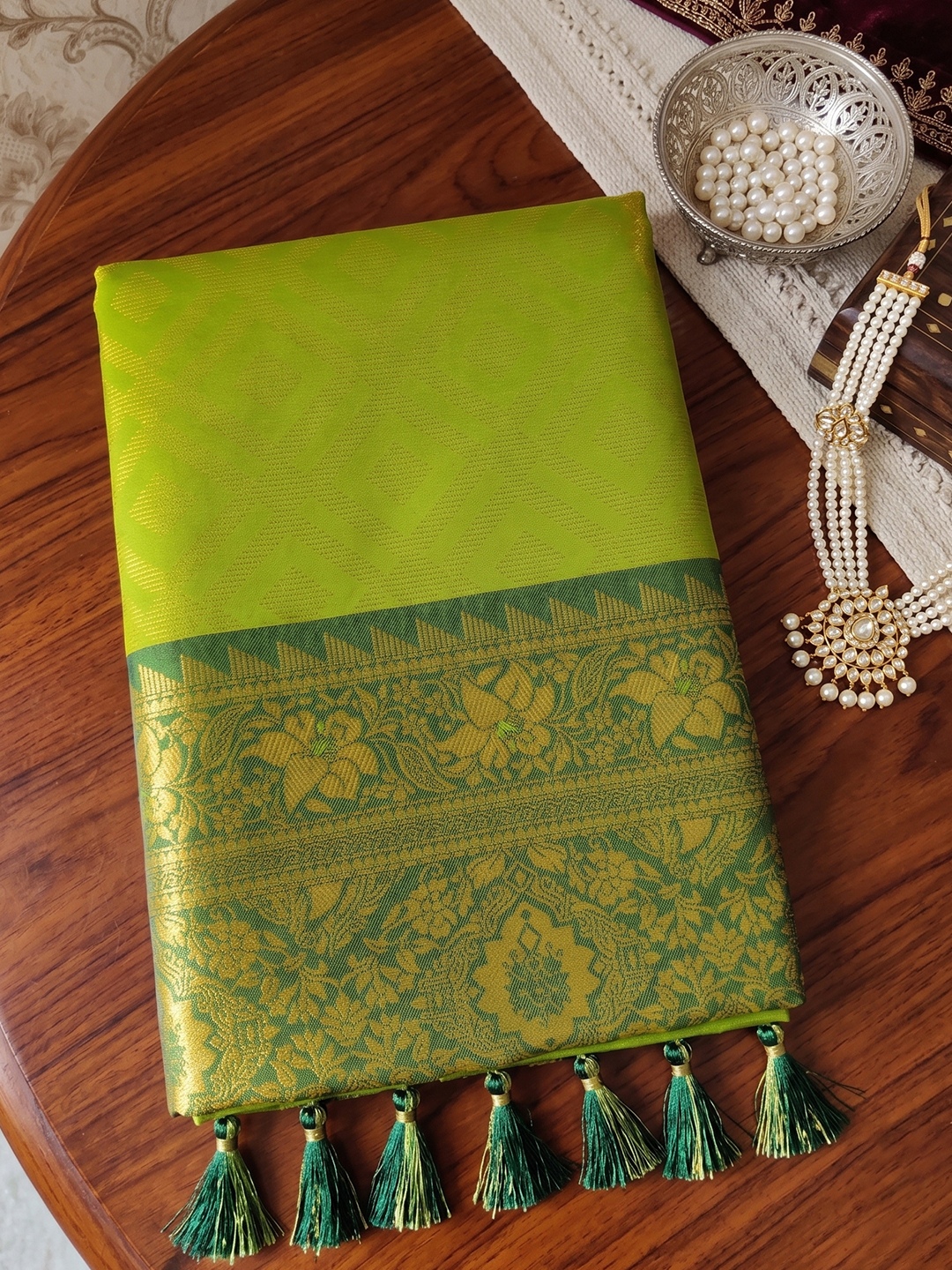 Olive Geometric Woven Designer Silk Saree