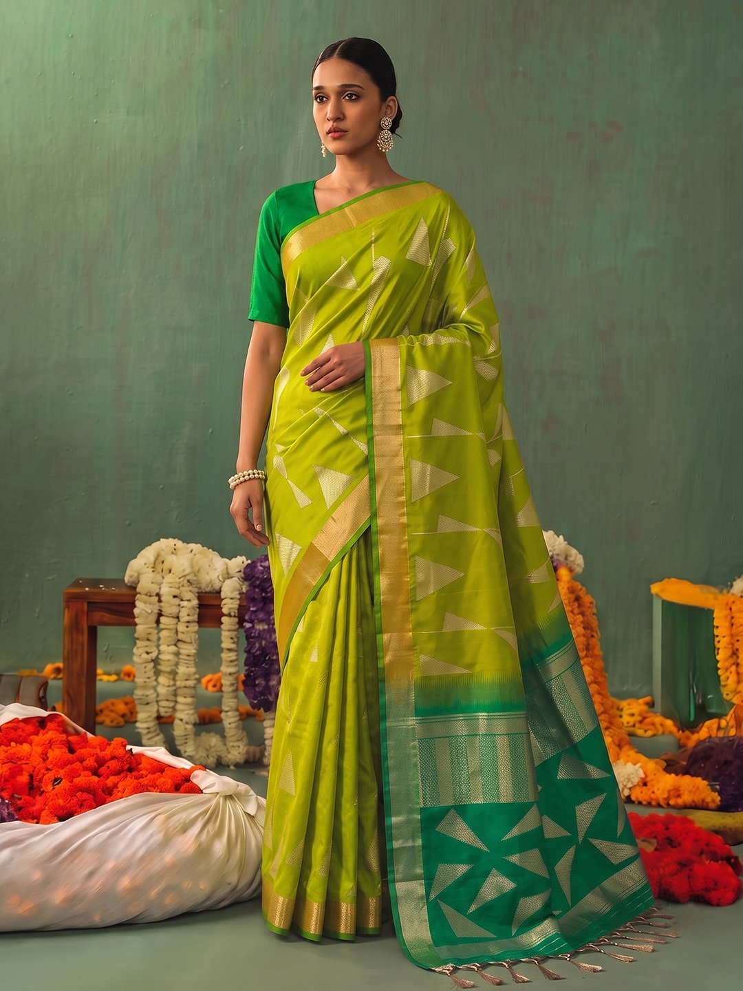 Olive Geometric Woven Zari Soft Silk Saree