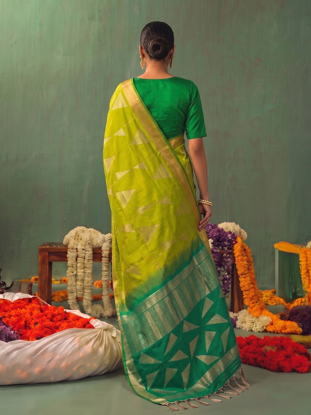 Olive Geometric Woven Zari Soft Silk Saree — alternate view