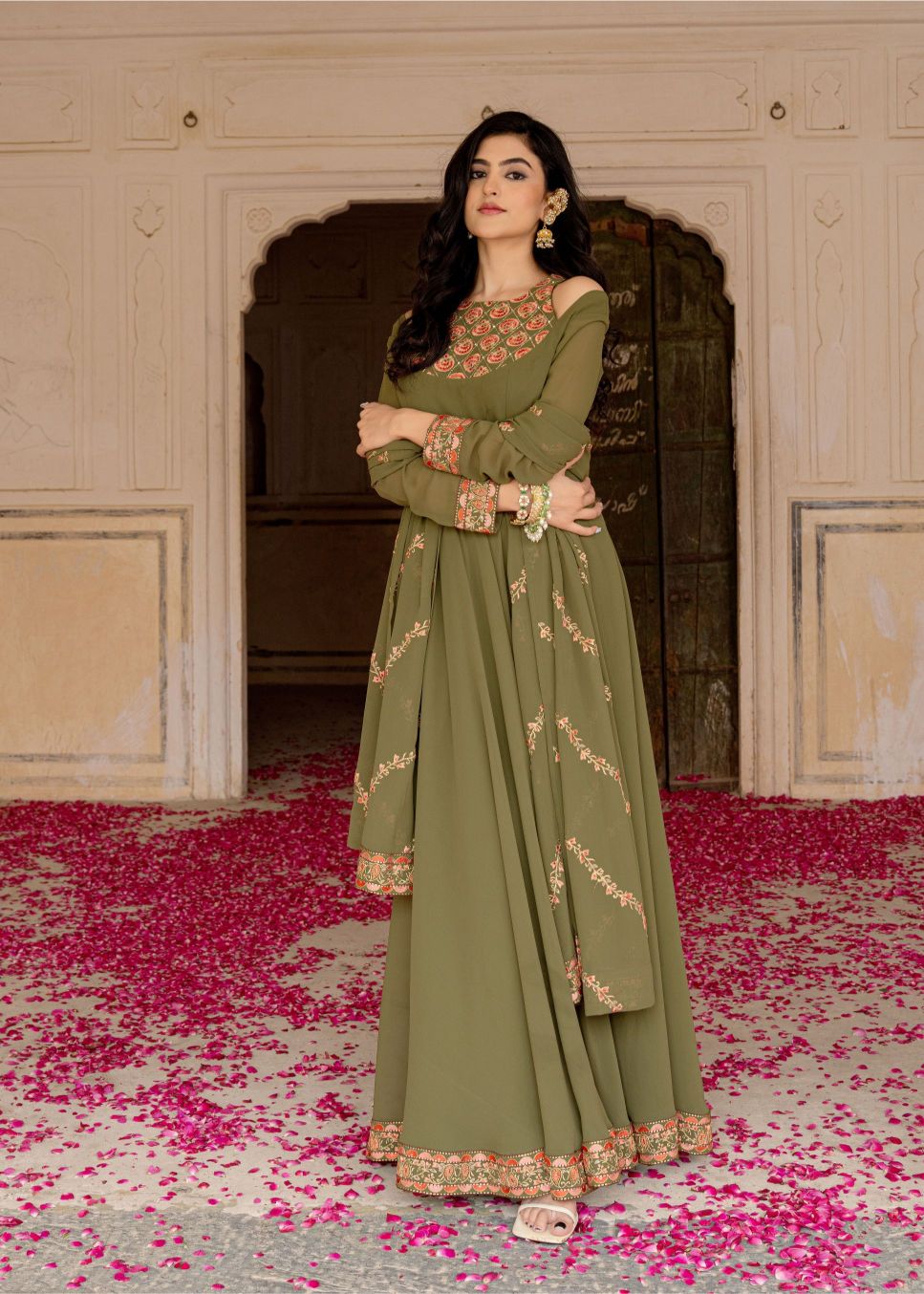 Olive Georgette Embroidered Gown
