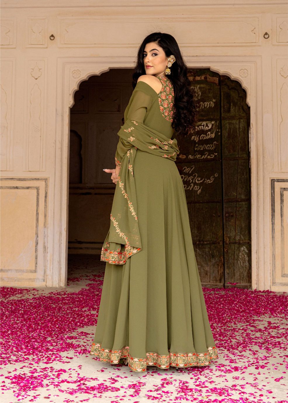 Olive Georgette Embroidered Gown — alternate view
