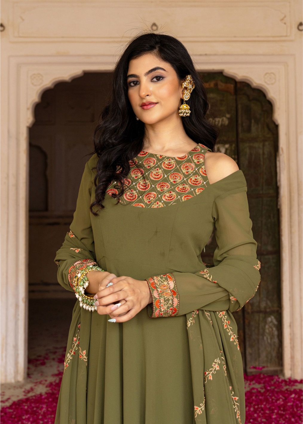 Olive Georgette Embroidered Gown