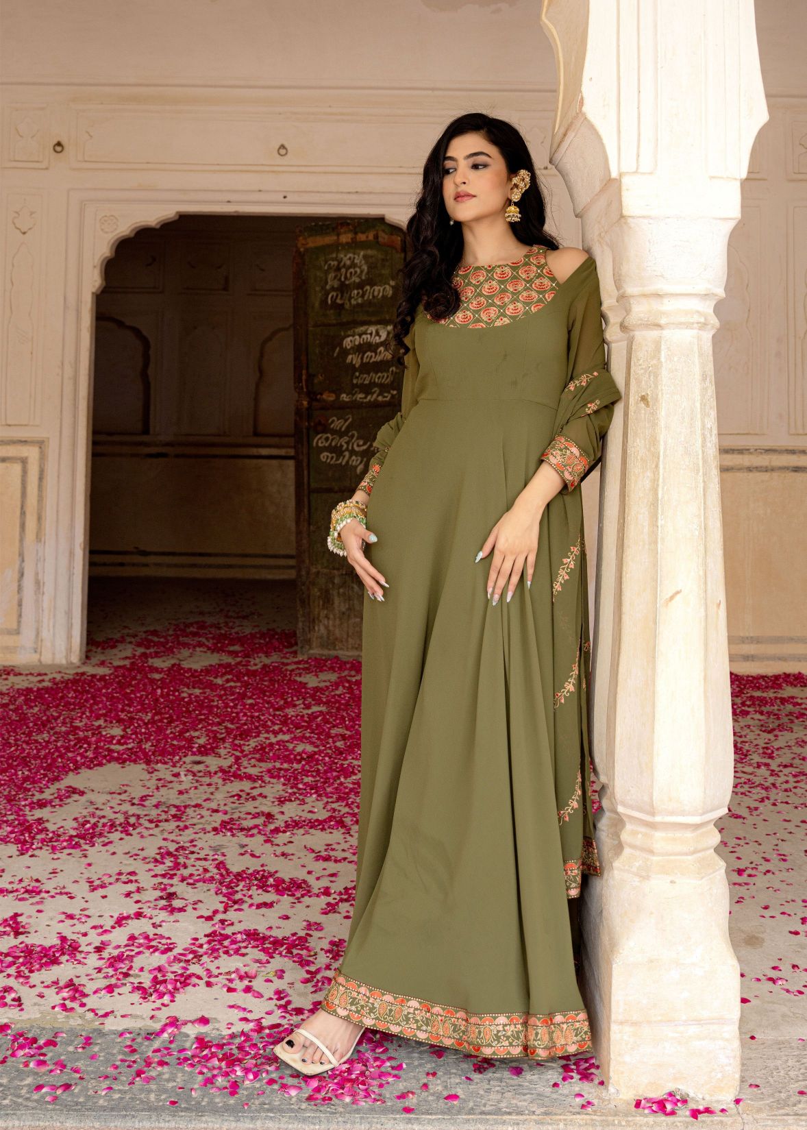 Olive Georgette Embroidered Gown