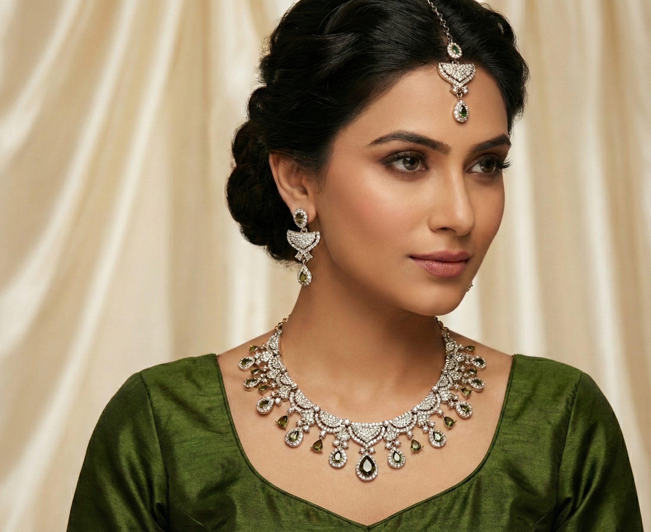 Olive Green American Diamond Bridal Necklace Set