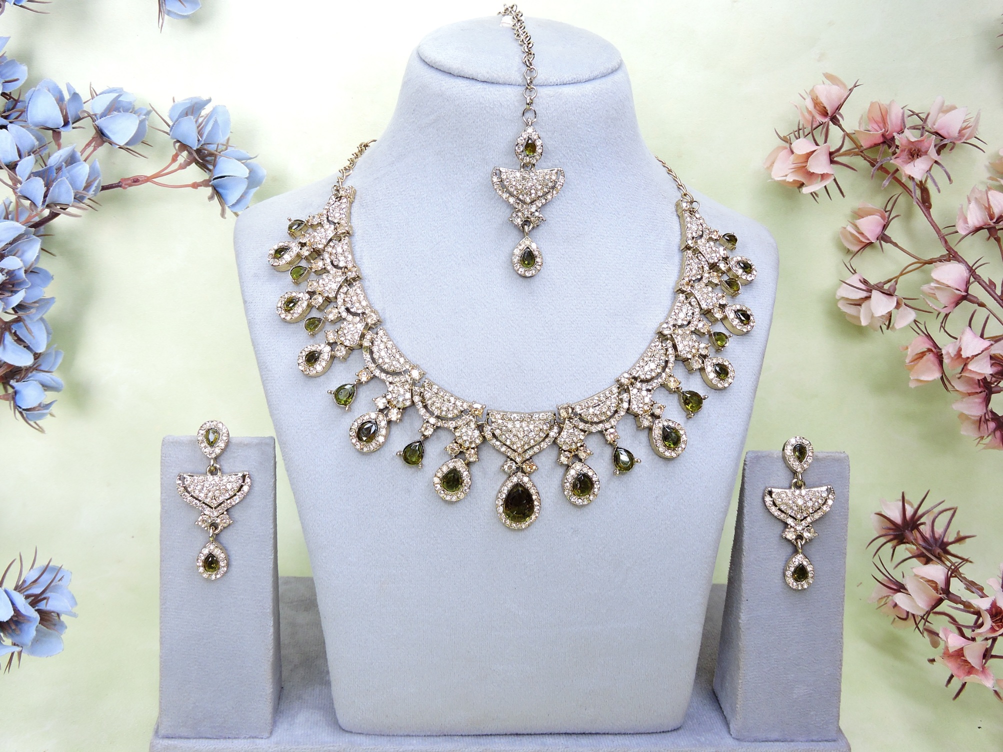 Olive Green American Diamond Bridal Necklace Set — alternate view