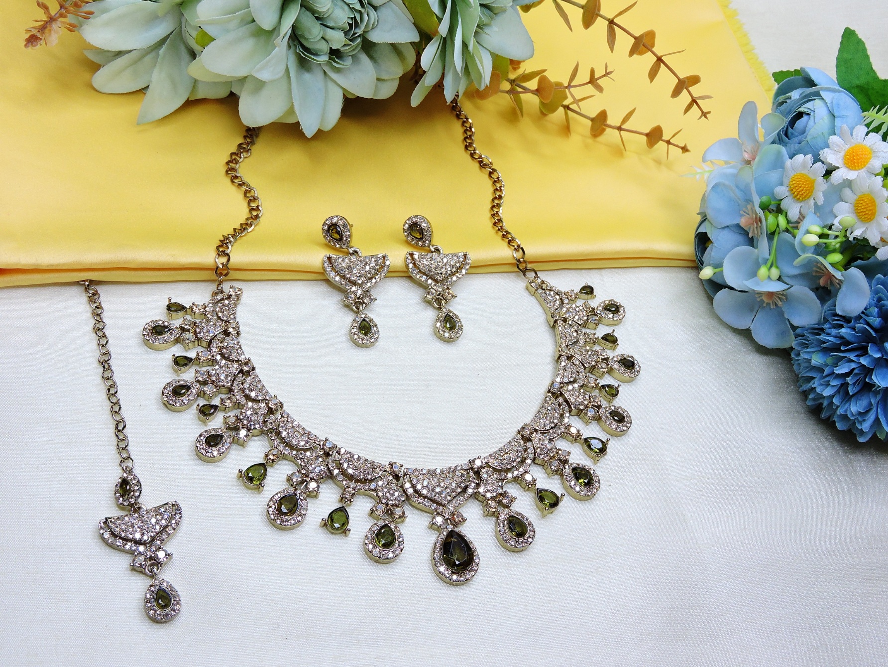 Olive Green American Diamond Bridal Necklace Set