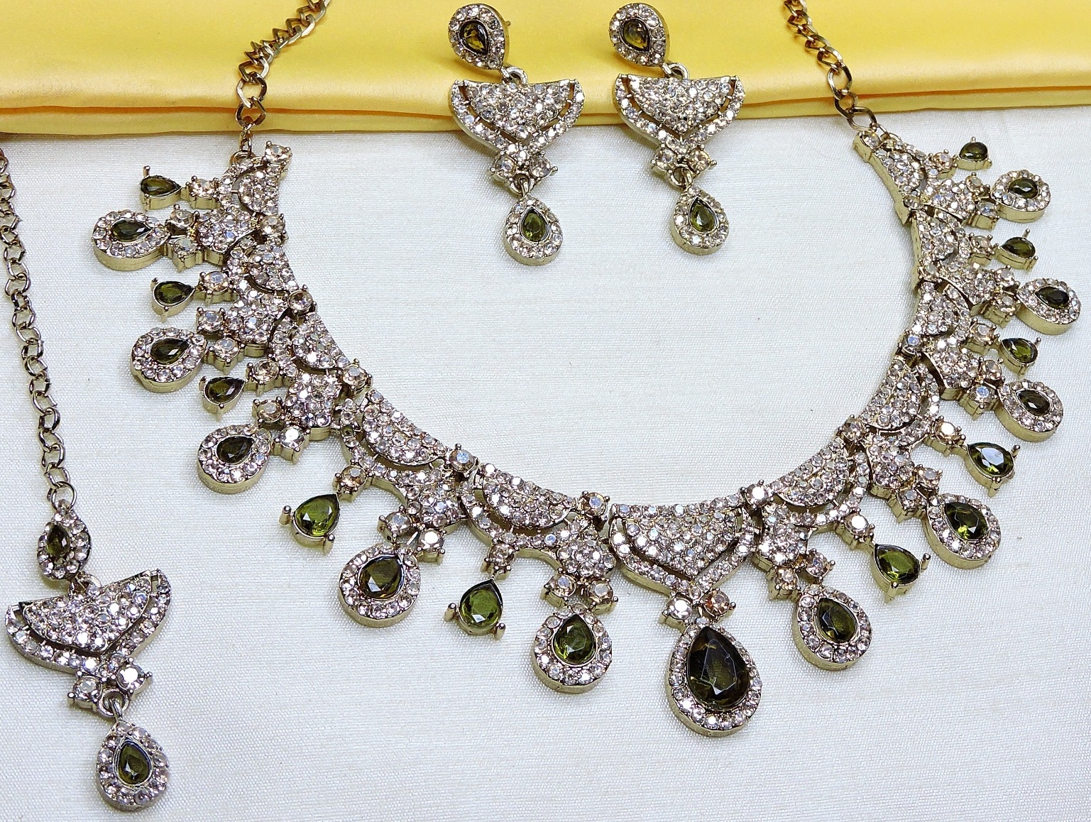Olive Green American Diamond Bridal Necklace Set