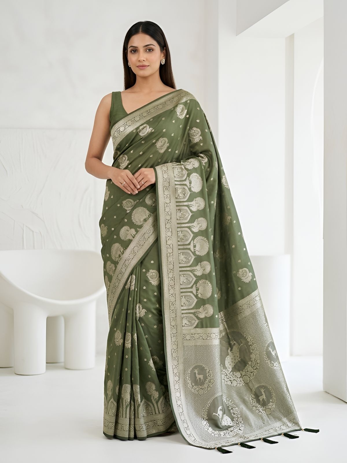 Olive Green Banarasi Woven Silk Saree