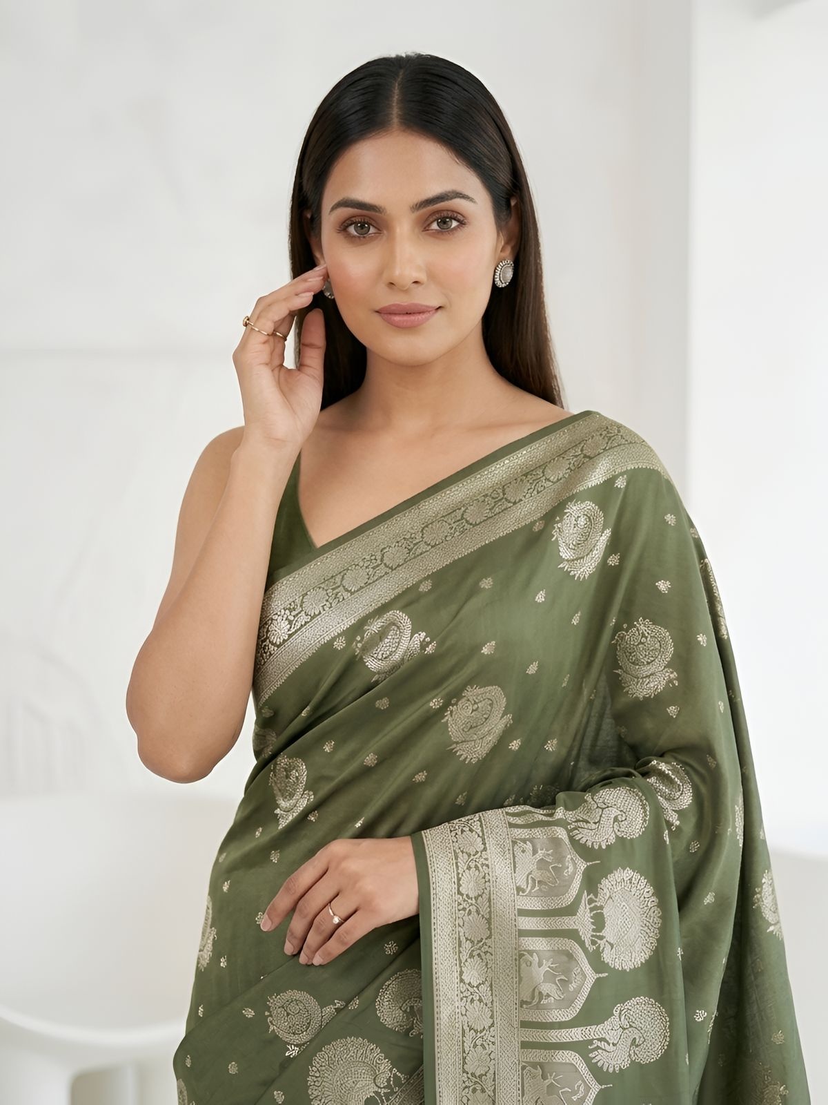 Olive Green Banarasi Woven Silk Saree — alternate view