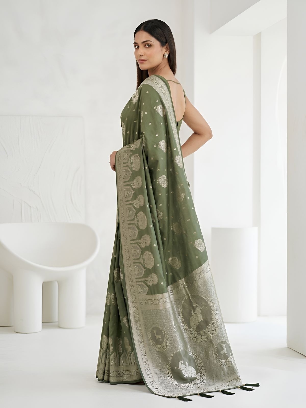 Olive Green Banarasi Woven Silk Saree