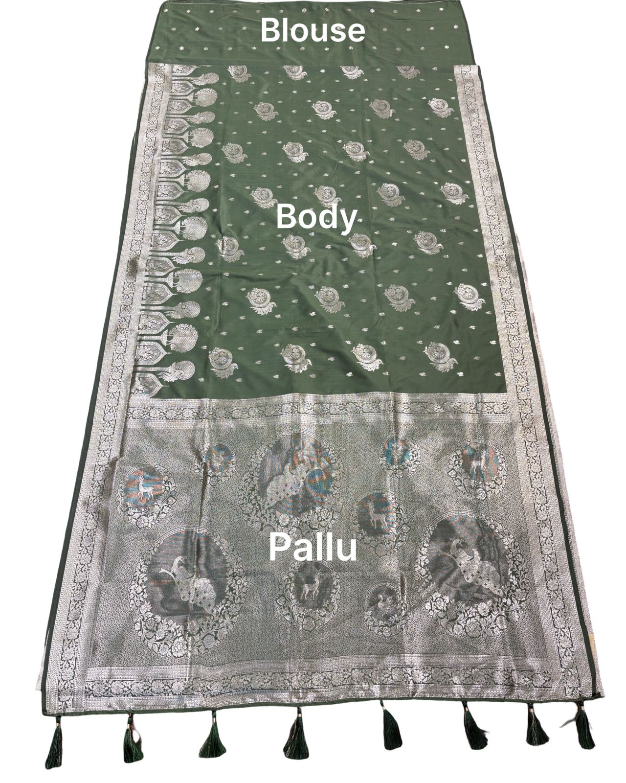 Olive Green Banarasi Woven Silk Saree
