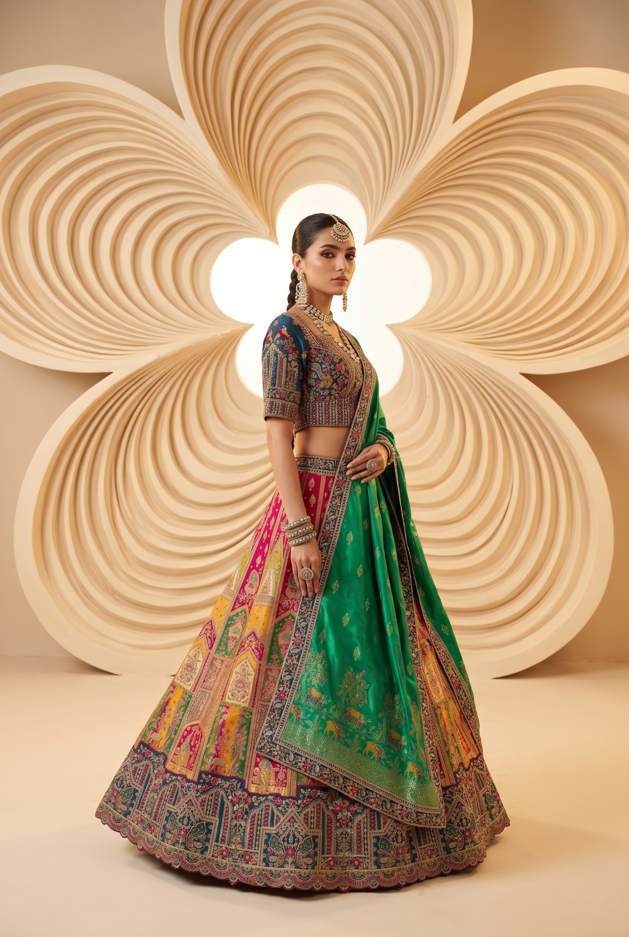 Olive Green Cutwork Banarasi Silk Lehenga Choli