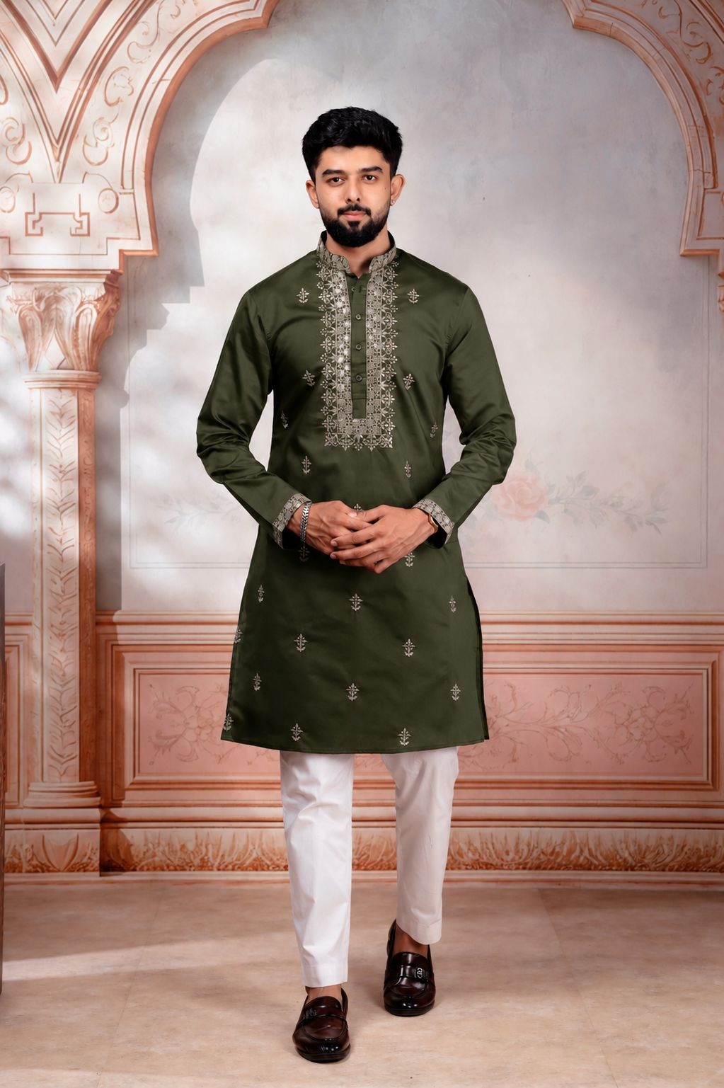 Olive Green Designer Embroidery Cotton Kurta Pyjama