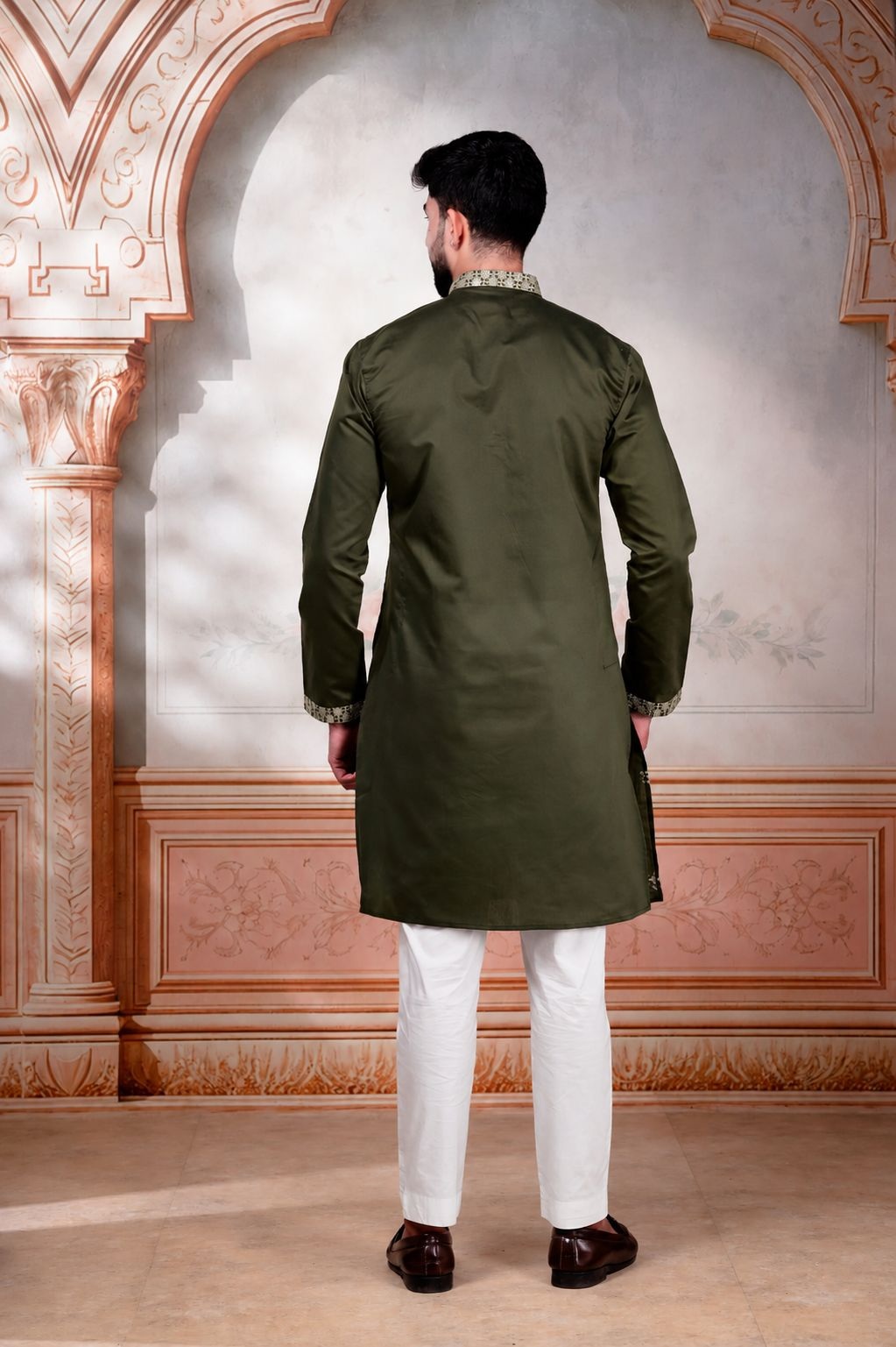 Olive Green Designer Embroidery Cotton Kurta Pyjama — alternate view
