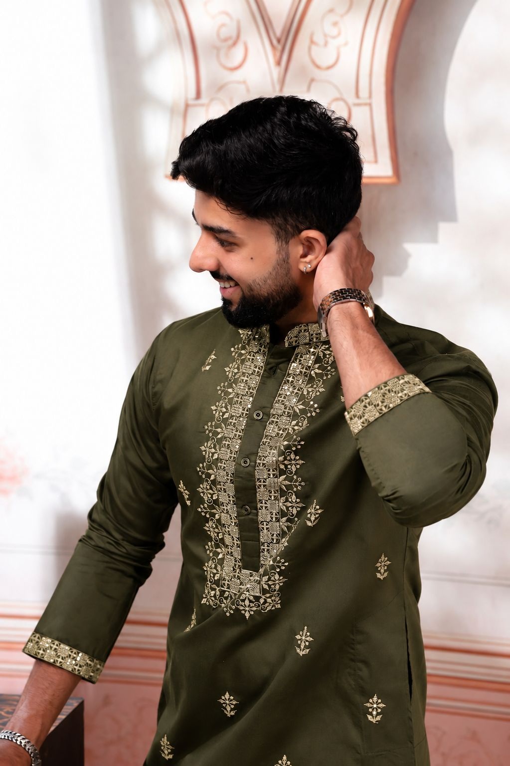Olive Green Designer Embroidery Cotton Kurta Pyjama