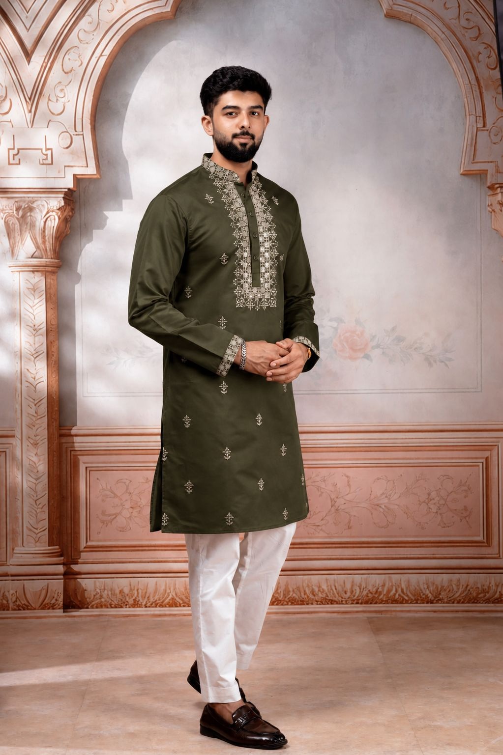 Olive Green Designer Embroidery Cotton Kurta Pyjama