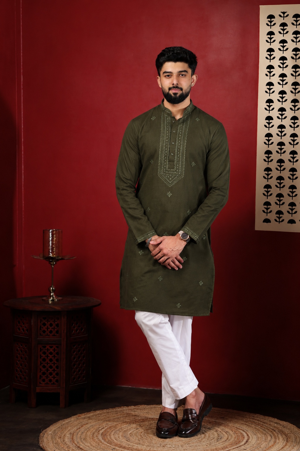 Olive Green Embroidered Cotton Kurta Pyjama