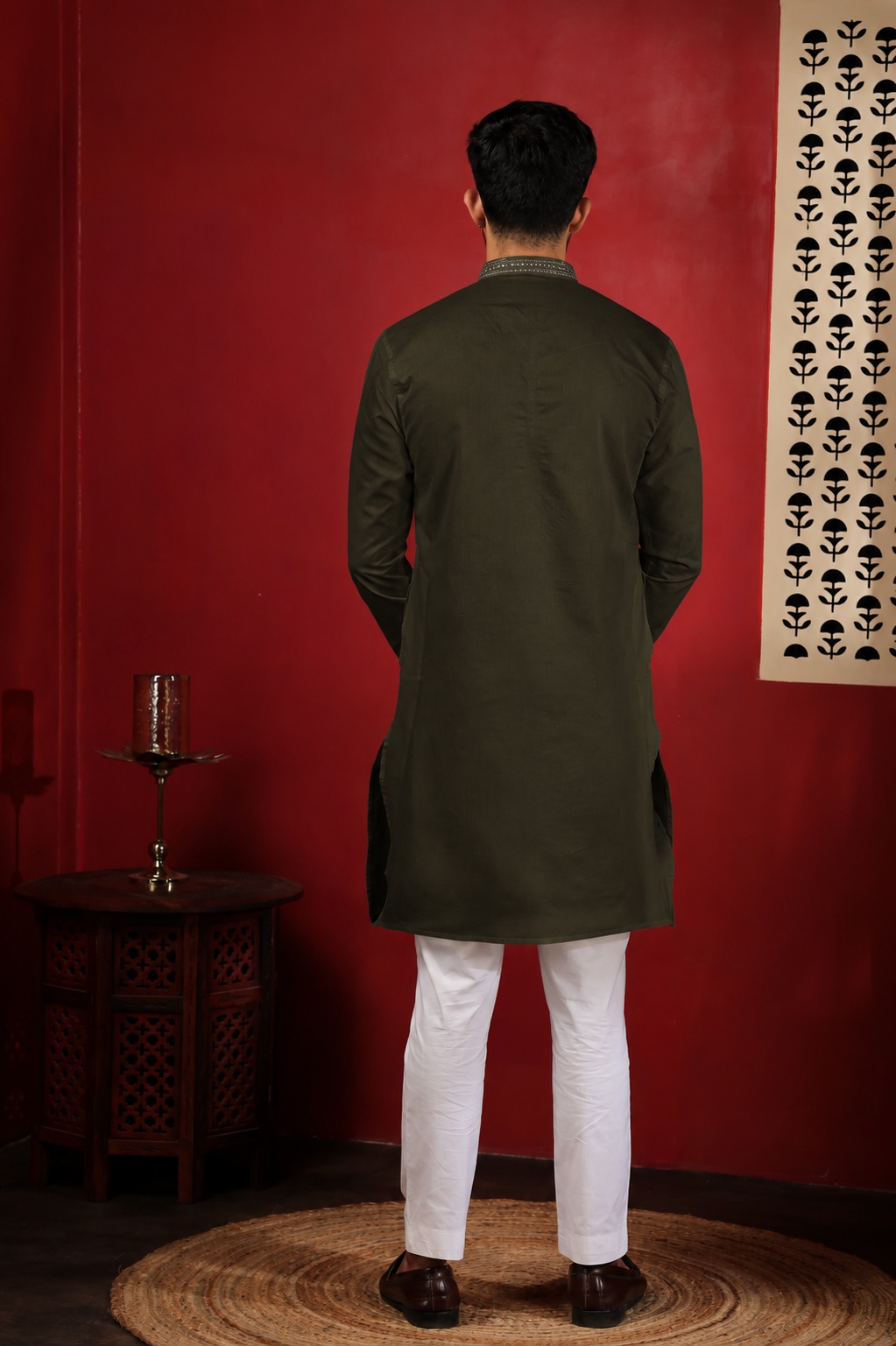 Olive Green Embroidered Cotton Kurta Pyjama — alternate view