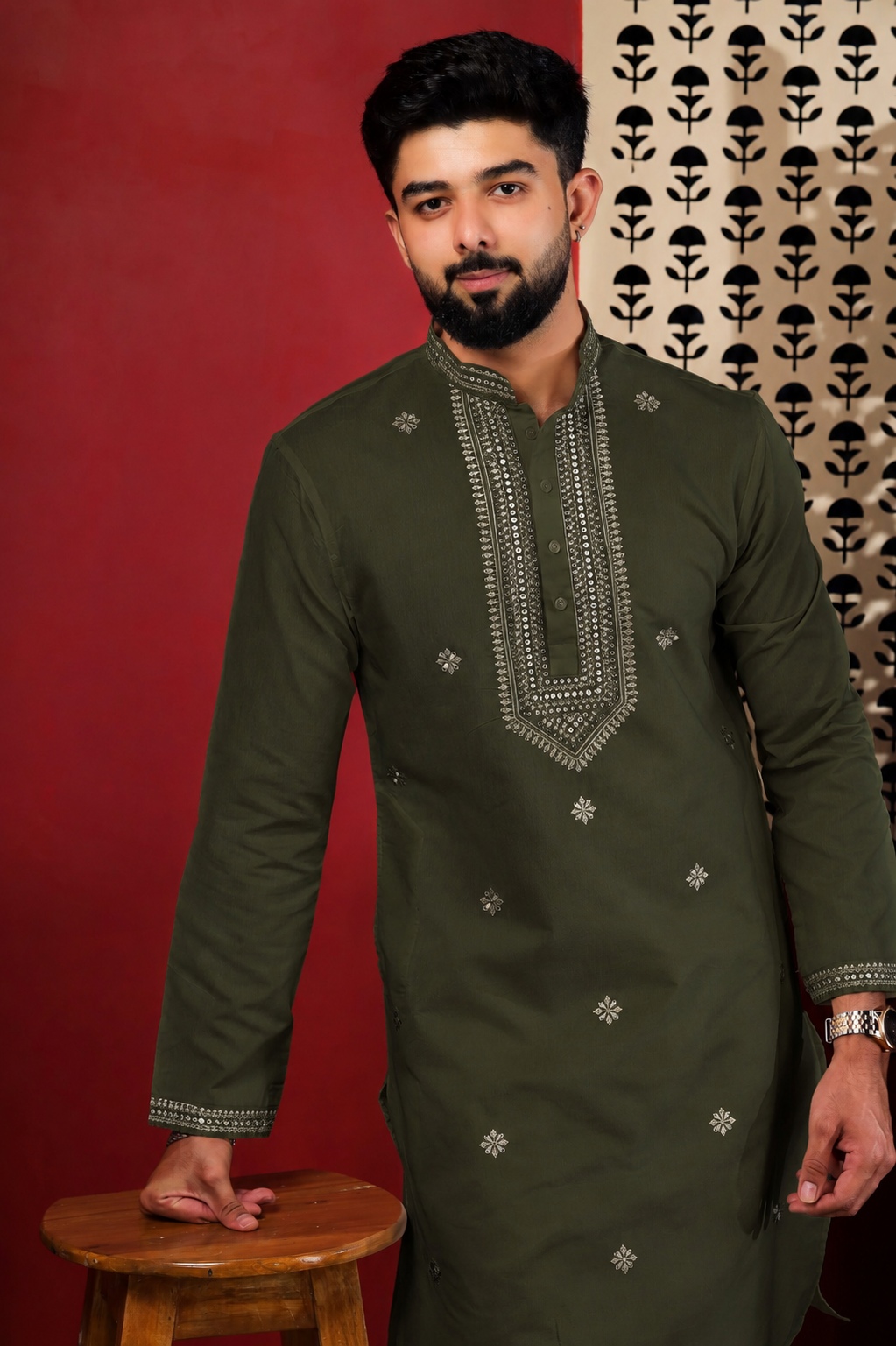 Olive Green Embroidered Cotton Kurta Pyjama
