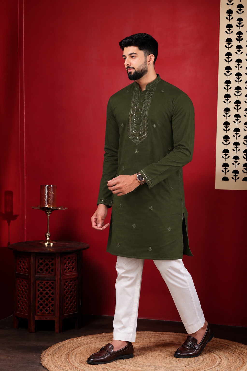 Olive Green Embroidered Cotton Kurta Pyjama