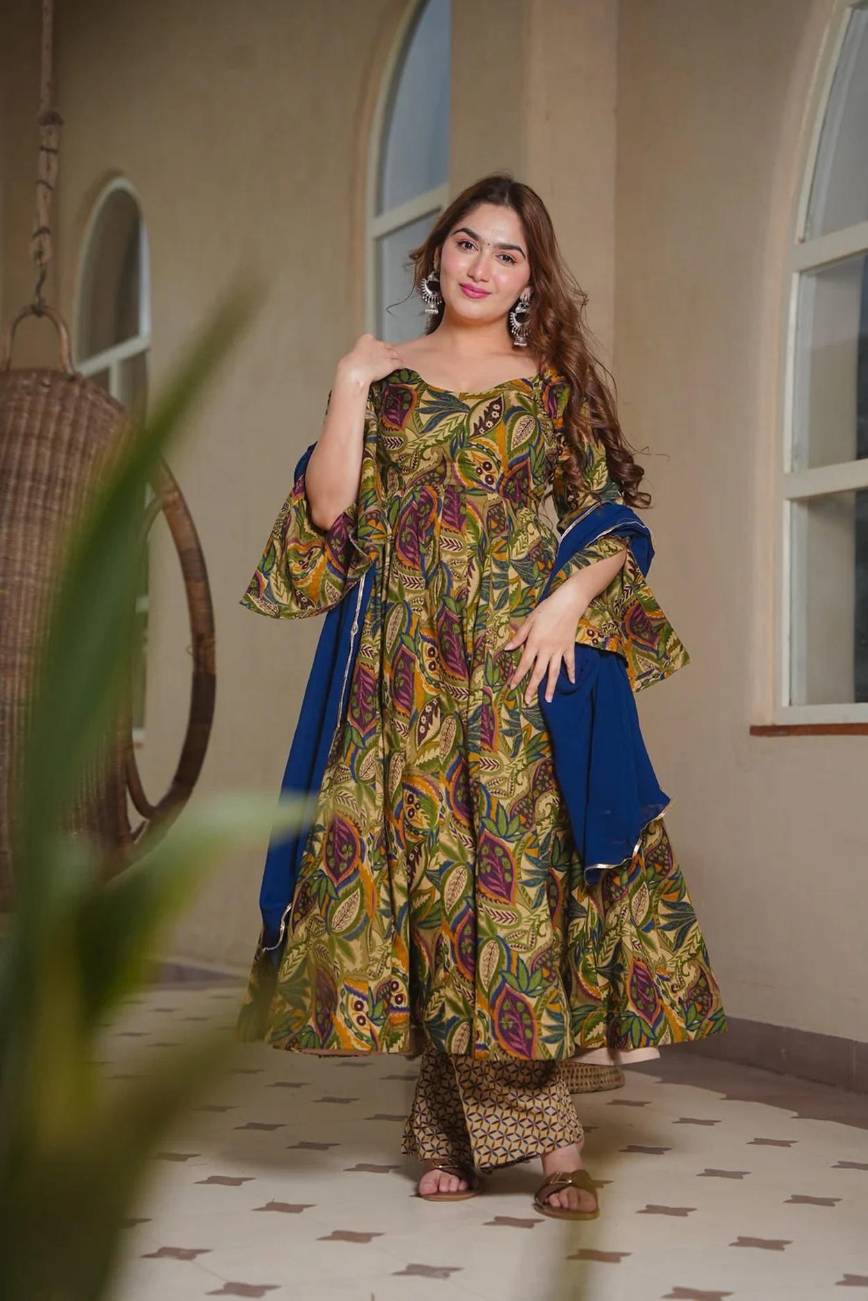 Olive Green Floral Printed Anarkali Suit
