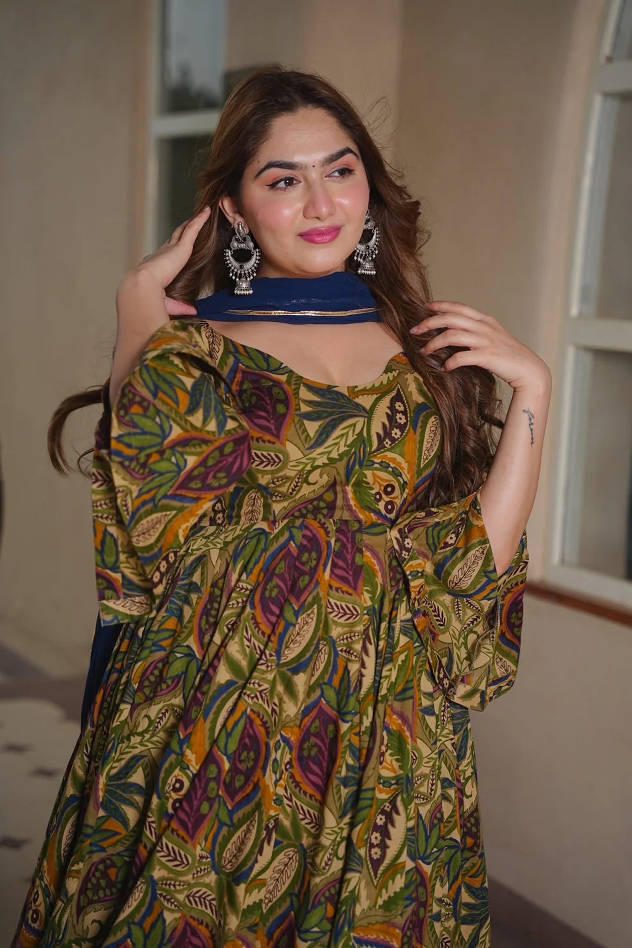 Olive Green Floral Printed Anarkali Suit