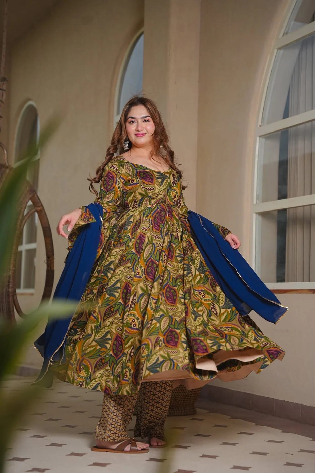 Olive Green Floral Printed Anarkali Suit