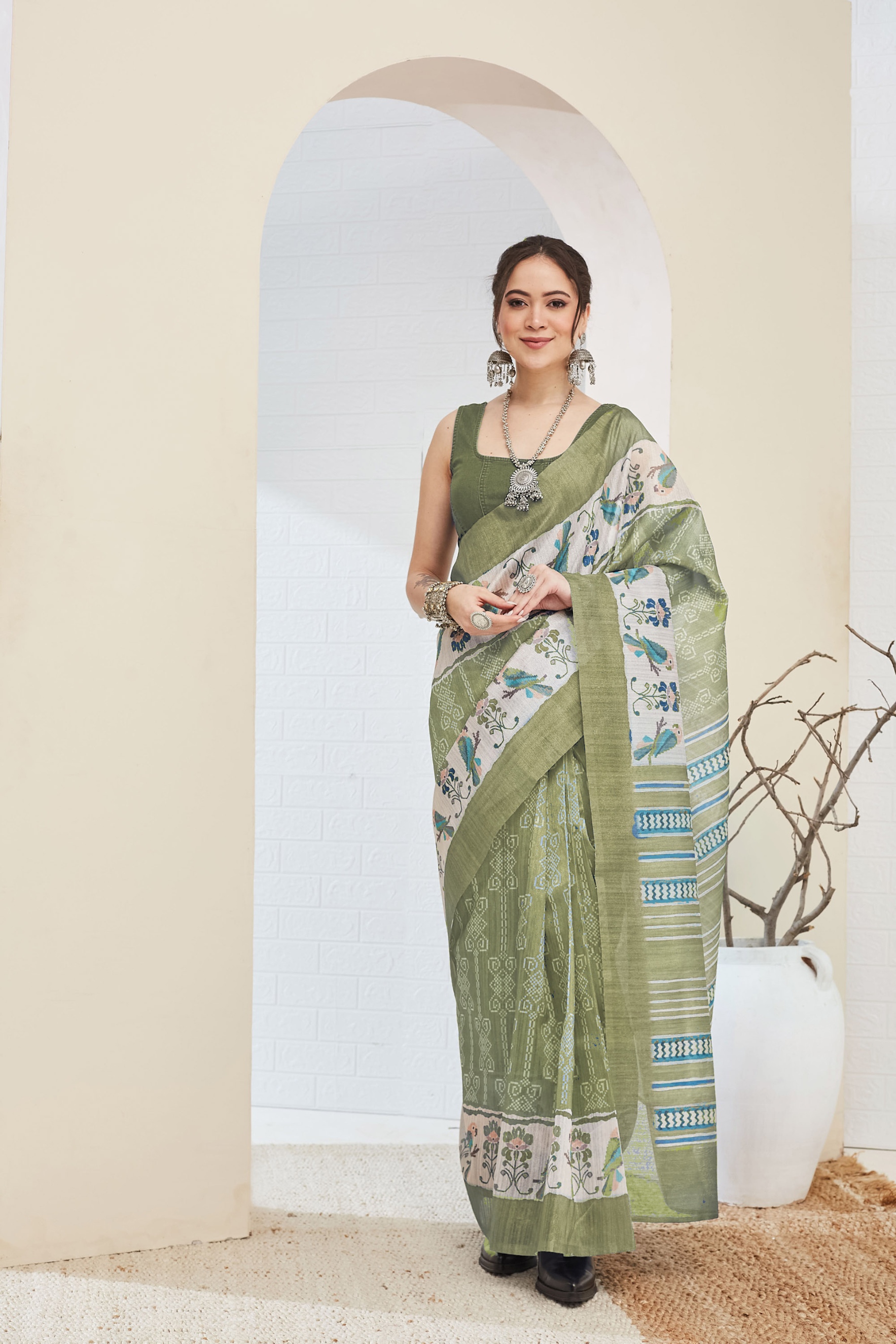 Olive Green Floral Printed Silk Blend Ready To Wear Saree