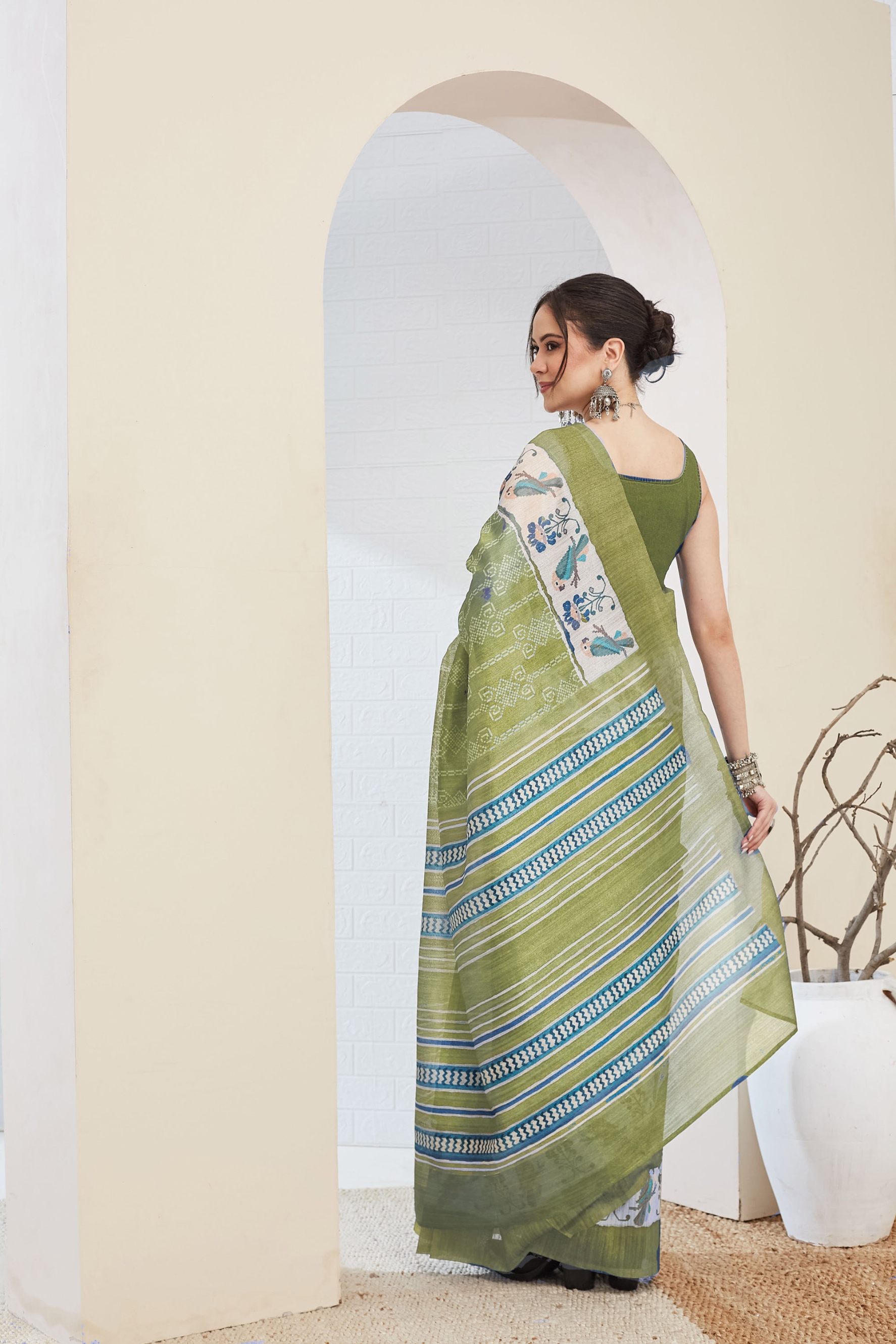 Olive Green Floral Printed Silk Blend Ready To Wear Saree — alternate view