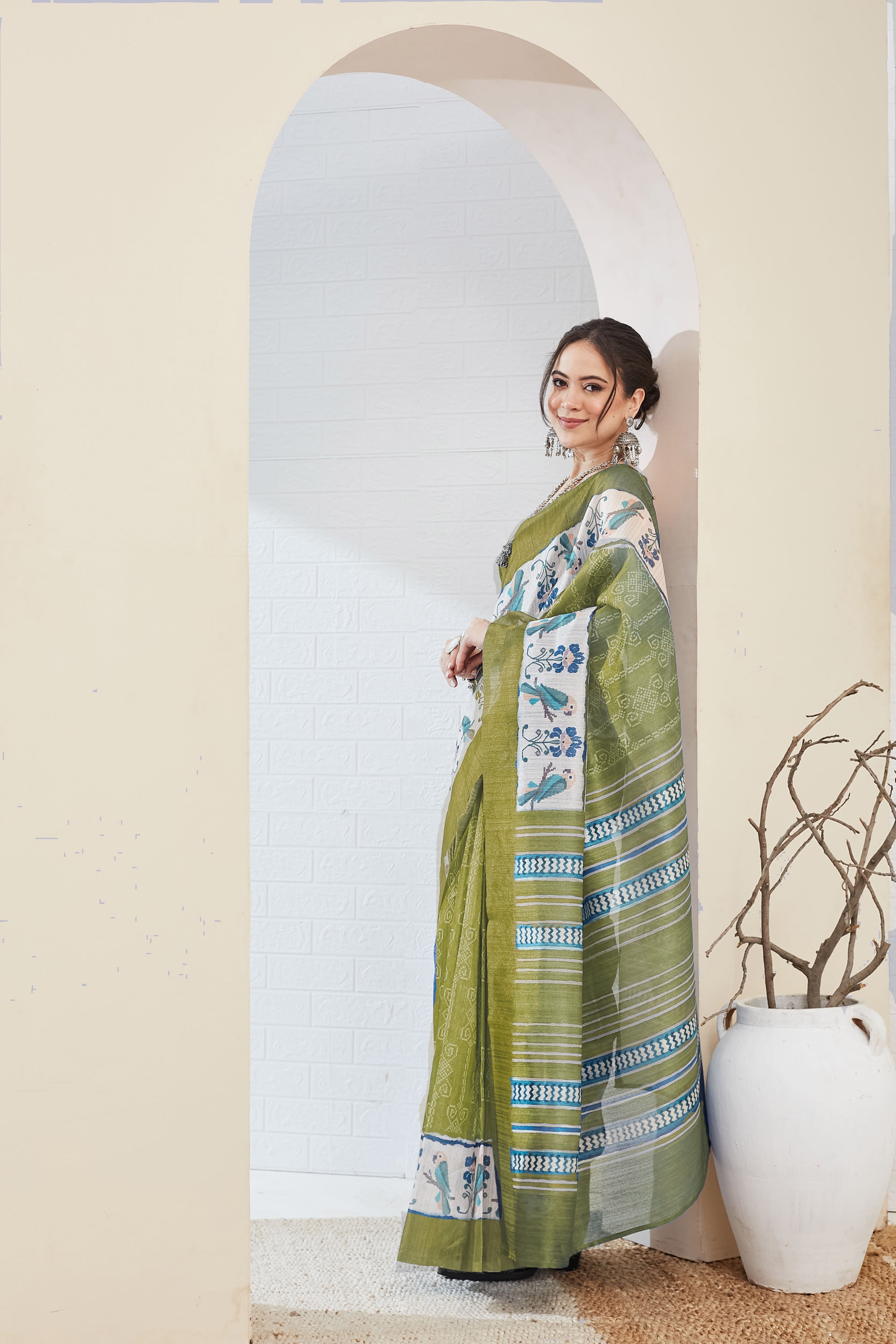 Olive Green Floral Printed Silk Blend Ready To Wear Saree
