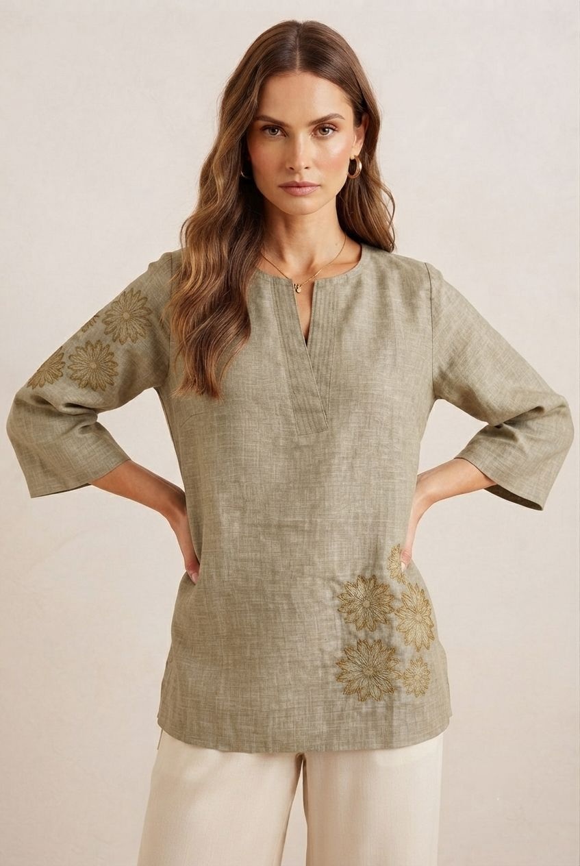 Olive Green Floral Thread Linen Tunic Top